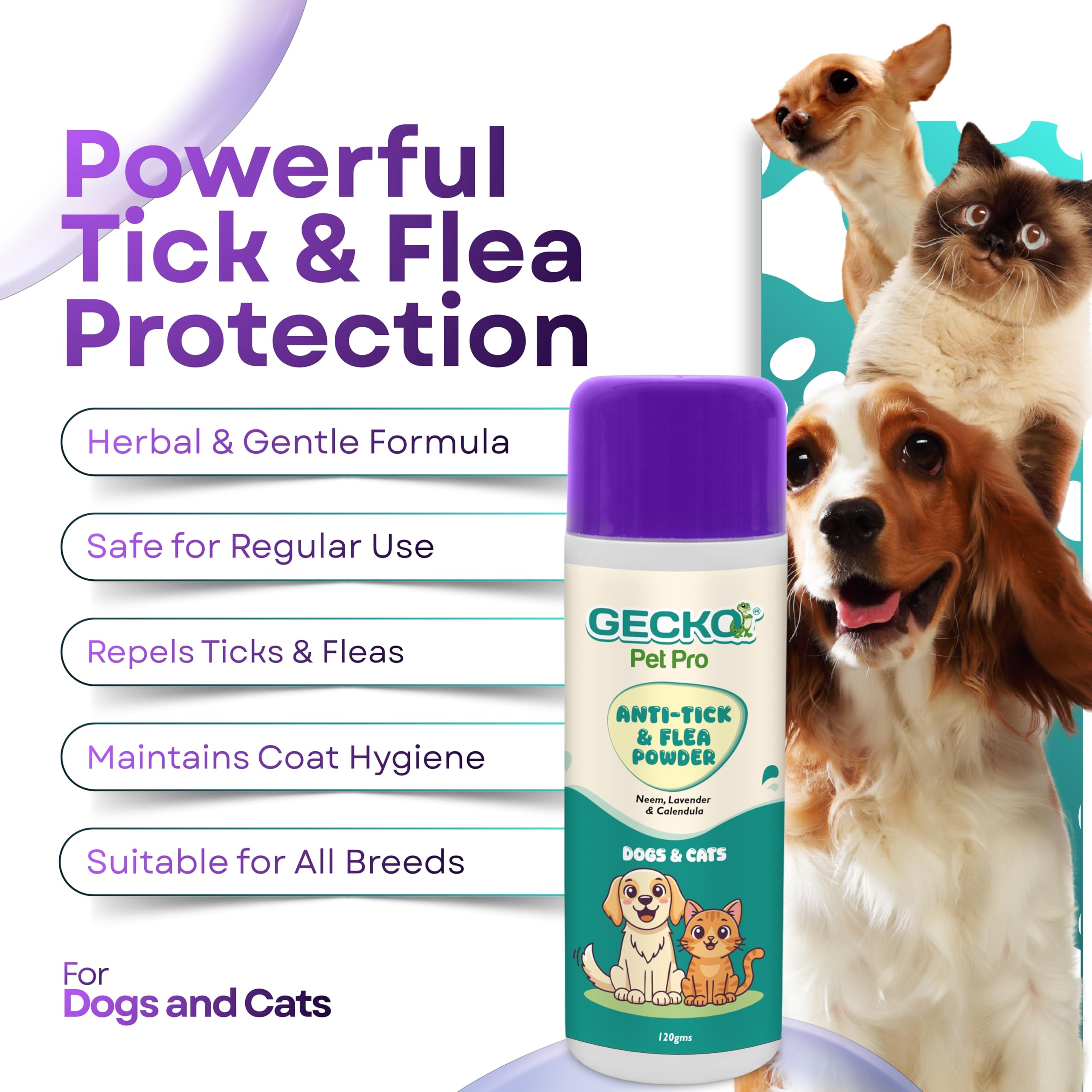Gecko Pet Pro Anti-Tick & Flea Powder for Dogs & Cats | Neem, Lavender & Calendula | Helps Control Ticks & Fleas | Daily Coat Care | Safe for Daily Use | 120g | (Pack of 1) 1