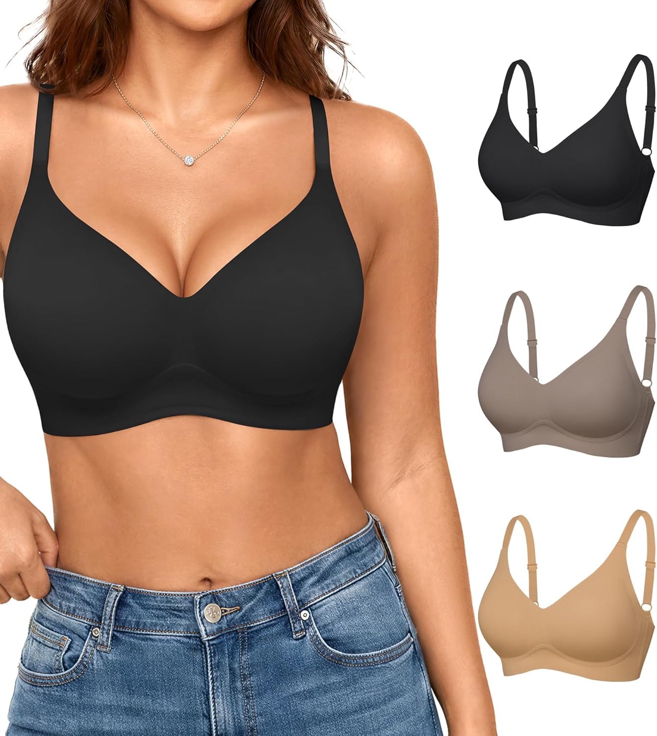 Womens Seamless Bras No Underwire Push Up Bras Comfort V Neck Padded Bra Wireless Bralette Basic Everyday Bra Multiple Pack