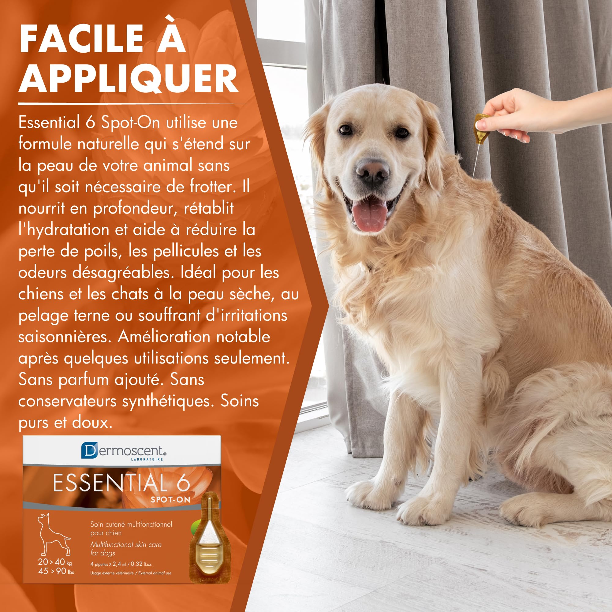 Dermoscent Essential 6 Spot-on pour Chien 20–40 kg | Soin Cutané Multifonctionnel Naturel | 4 Pipettes x 2,4 ML