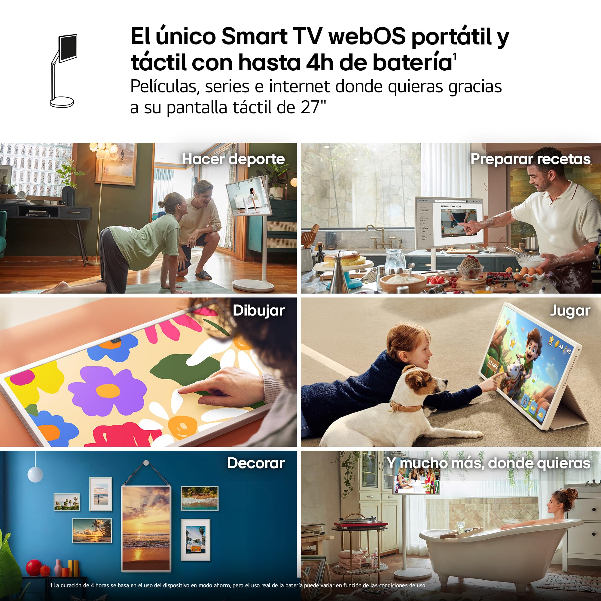 LG 27LX6TDGA - Smart Monitor StanbyMe 2, 27" QHD táctil, Smart TV Portátil, 2025, webOS 24 con IA, Dolby Vision y Dolby Atmos, 4h Batería, Peana con Ruedas, Portal Gaming, Beige - 4