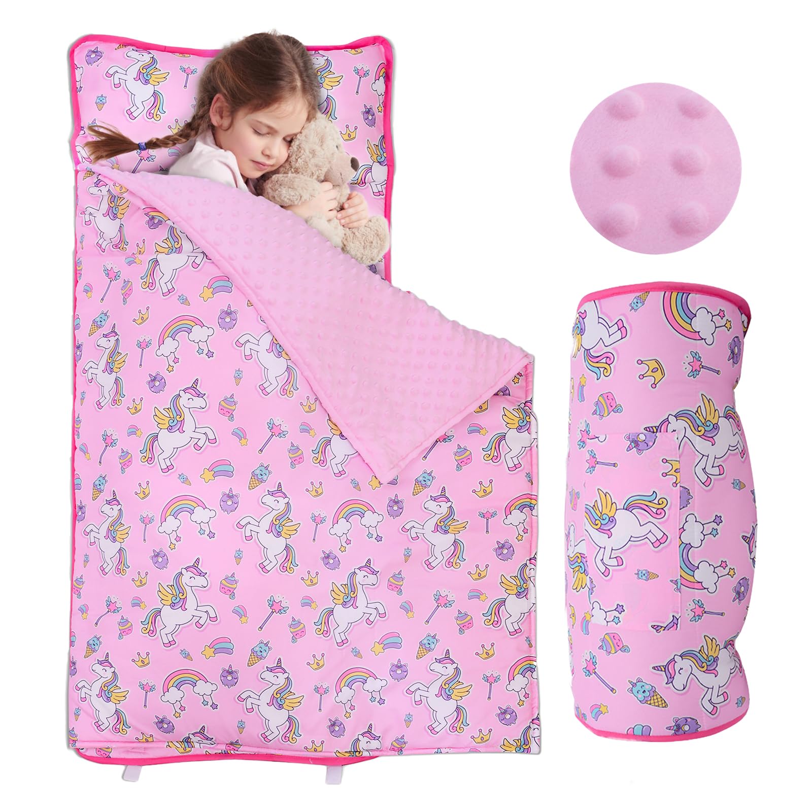Toddler Nap Mat,Unicorn Nap Mat with Pillow and Blanket,Roll Up Sleeping Mats for Preschool Daycare,Kids Nap Mat for 3-7 Years,53x21 Inchs