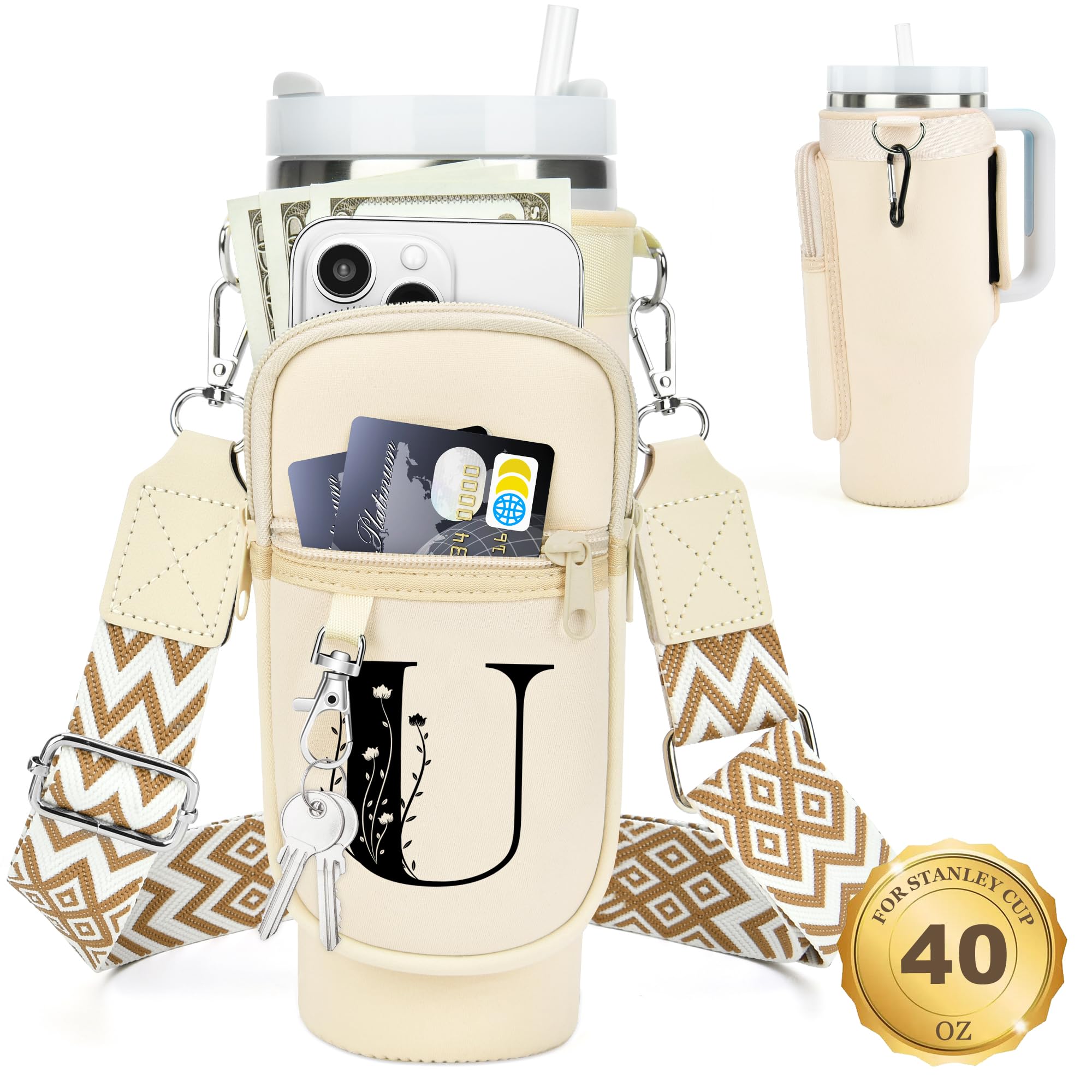 Initial Water Bottle Holder with Strap for Stanley Cup 40 oz Tumbler