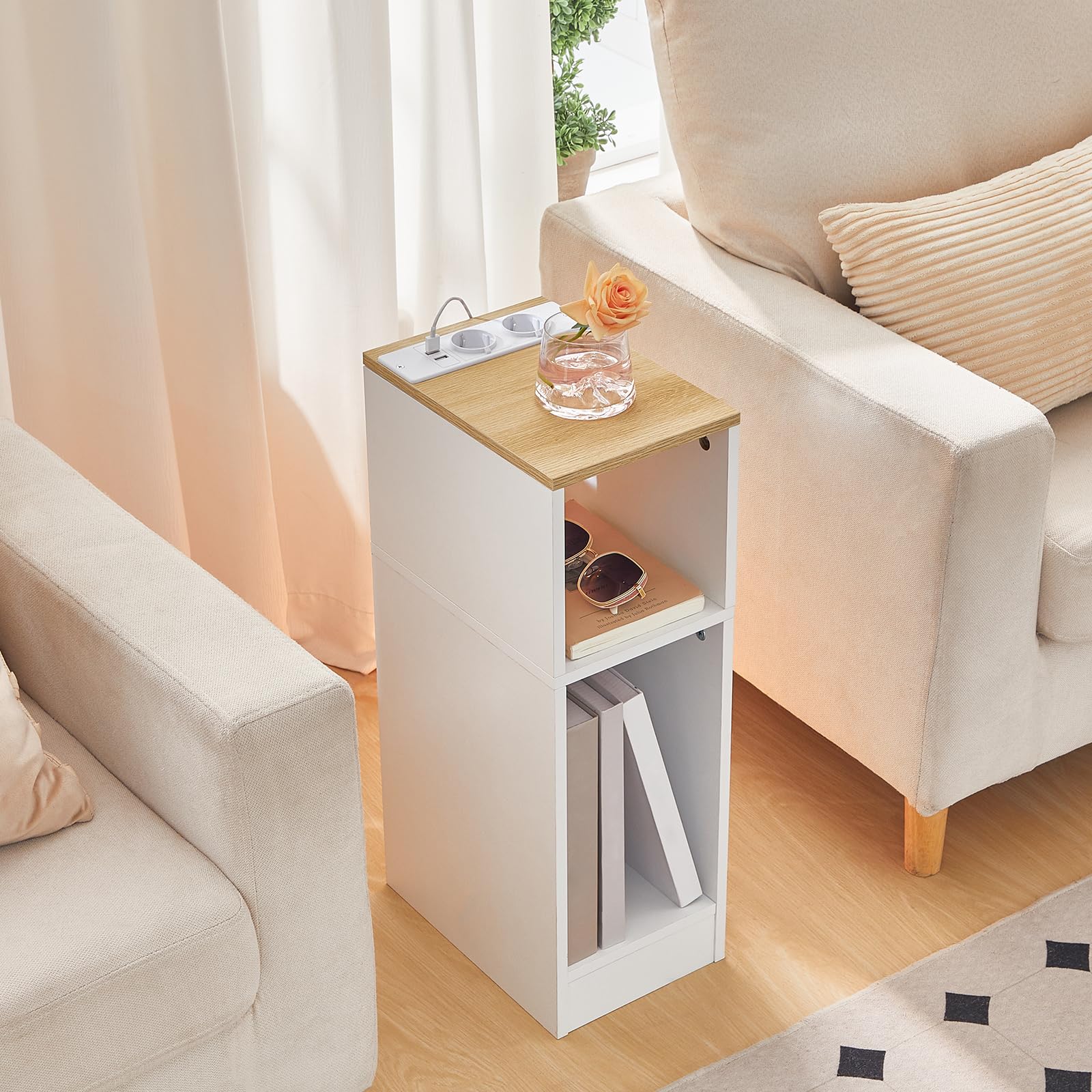 Comodino Alto Con Stazione Di Ricarica USB E 2 Cassetti - 5 Ripiani, Marrone Rustico - 4