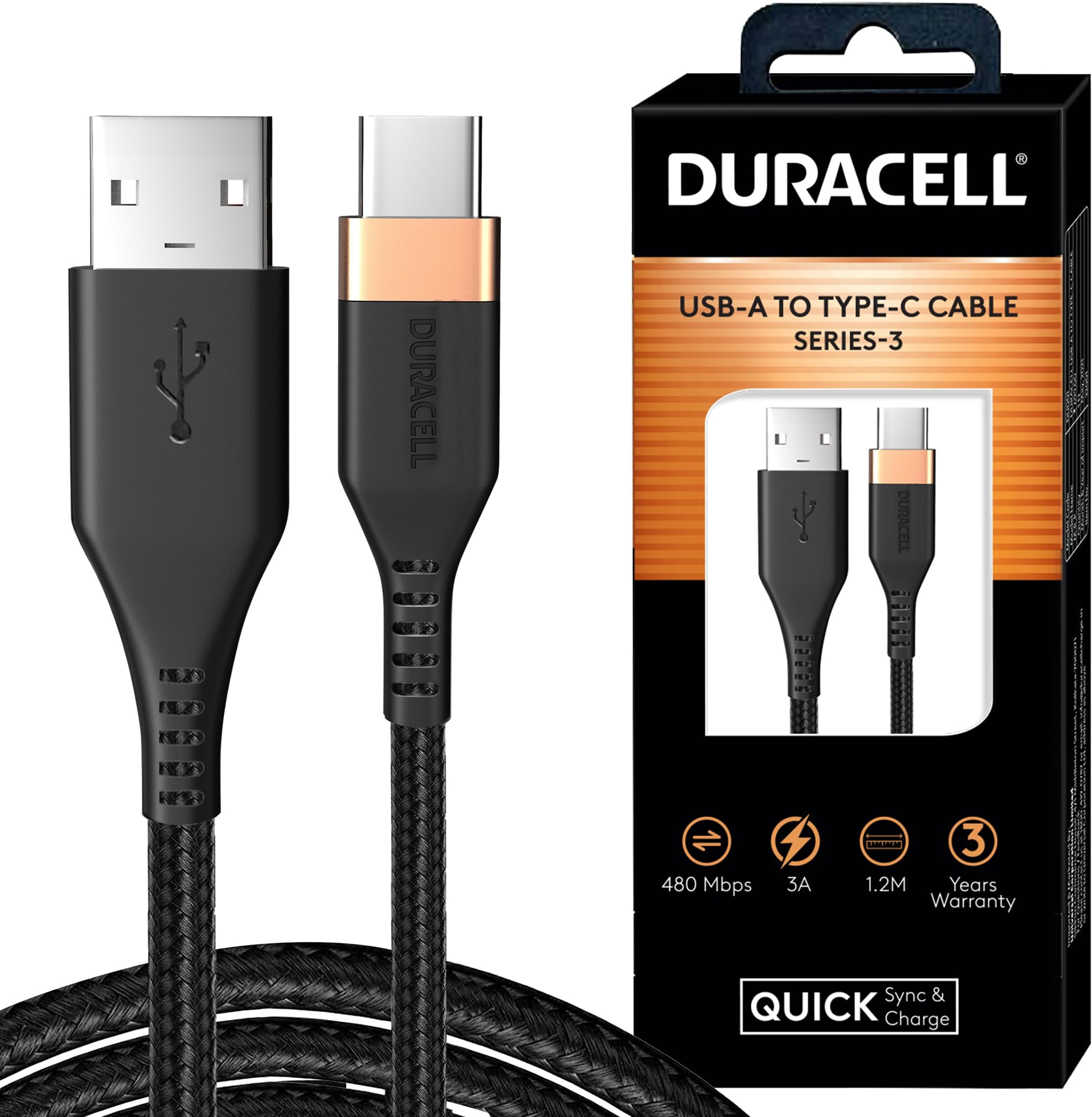 USB Type C, 3A Braided Sync & Fast Charging Cable, 3.9 Ft (1.2M),QC 2.0/3.0 Ultra Fast Charging,Compatible with Samsung,One Plus & all C type devices,Seamless Data Transmission,Series 3-Black