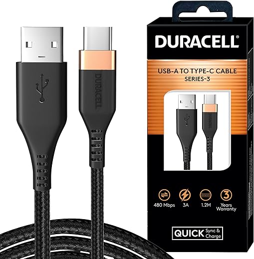 Duracell USB Type C 3A Braided Sync & Fast Charging Cable, 3.9 Feet (1.2M) for All Type – C Devices. Supports QC 2.0/3.0 Charging, with High Speed…