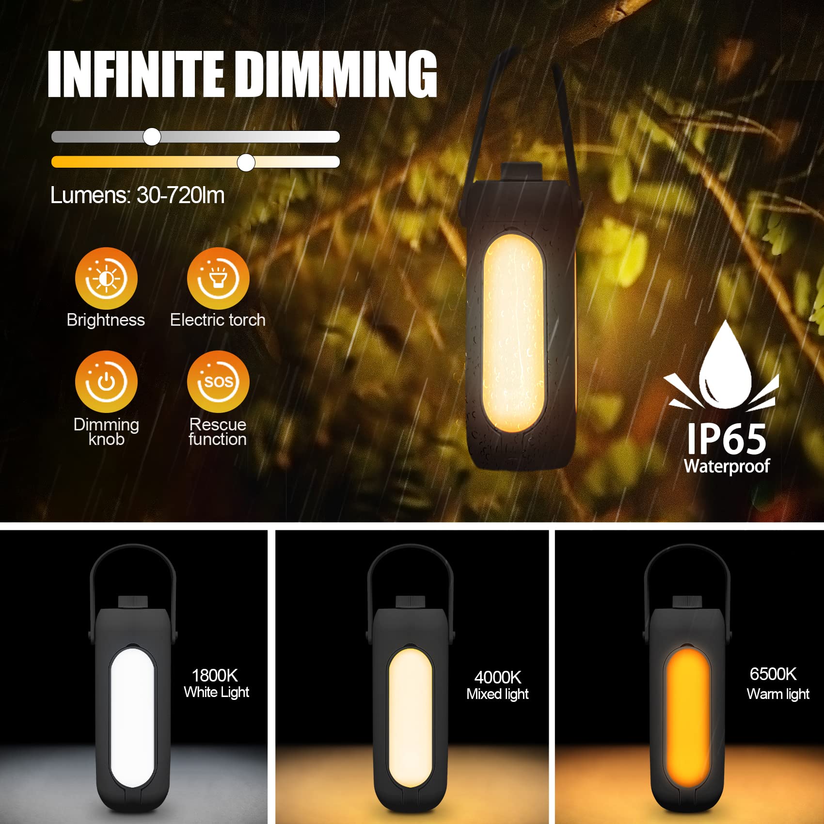 Lampara Camping Recargable, 10000mAh Luz Camping LED Portatil con 3 Modos de Lámpara Regulable, Linterna de Camping para Tiendas de Campaña, Picnic Excursión Camping, Negro