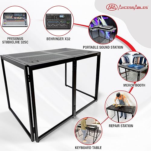 Miniatura 27 de AxcessAbles - Cabina de fachada portátil para DJ con bandas de iluminación en blanco y negro, fundas de transporte, mesa de DJ de pie - 40 x 20