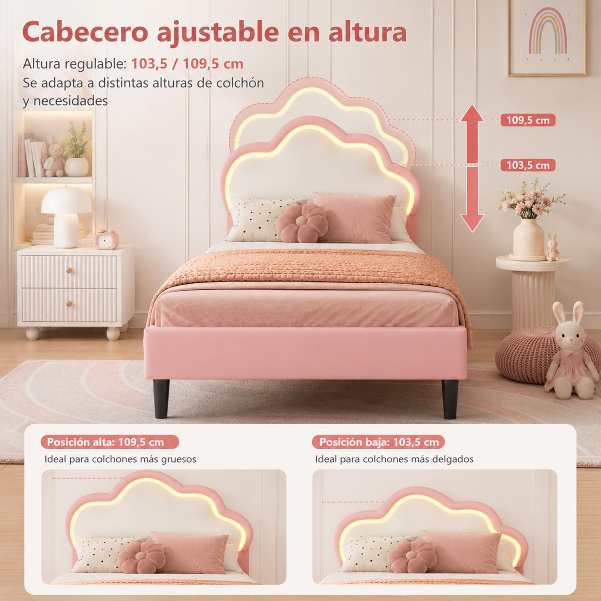 Cama infantil niña 90 x 200 cm, cama infantil nube con LED, cabecera ajustable en altura en forma de nubes, somier de láminas, camas acolchadas para 1 persona para niña adolescente, PU, rosa+blanco