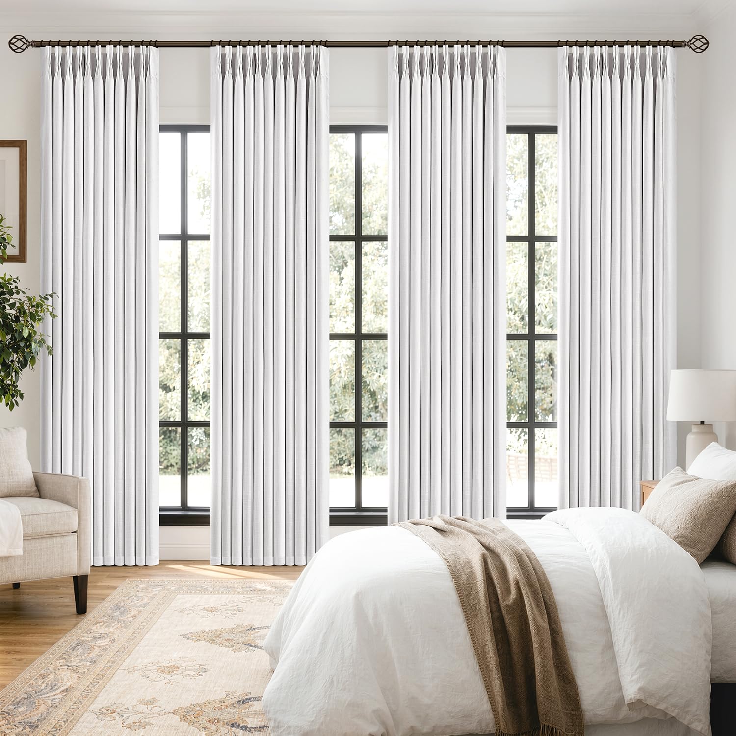 MIULEE 4 Panels Pinch Pleated 100% Blackout Linen Curtains 40"x84" White