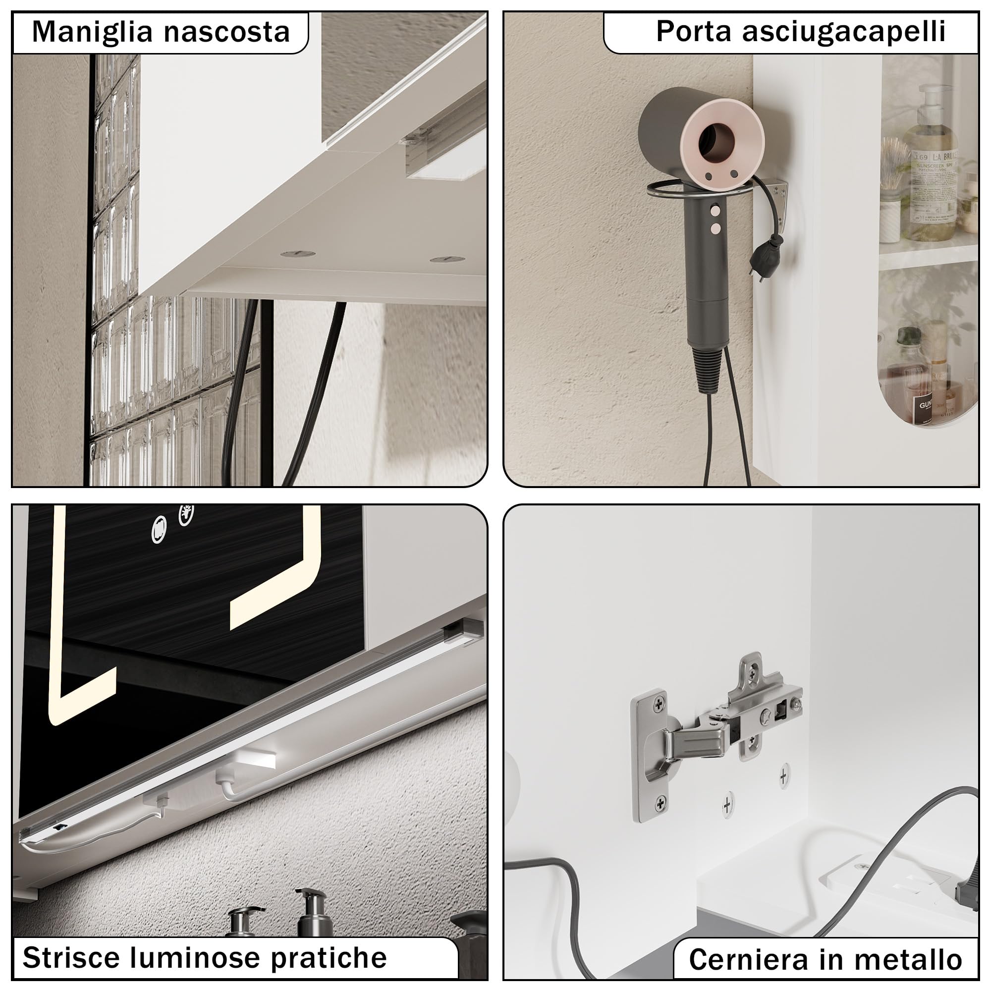 Specchio Bagno Contenitore con illuminazione e Antiappannamento Armadietto Bagno a Parete con Presa (2*AC + 3*USB) e 3 vani portaoggetti indipendenti per il Bagno 100 * 65 * 16 cm