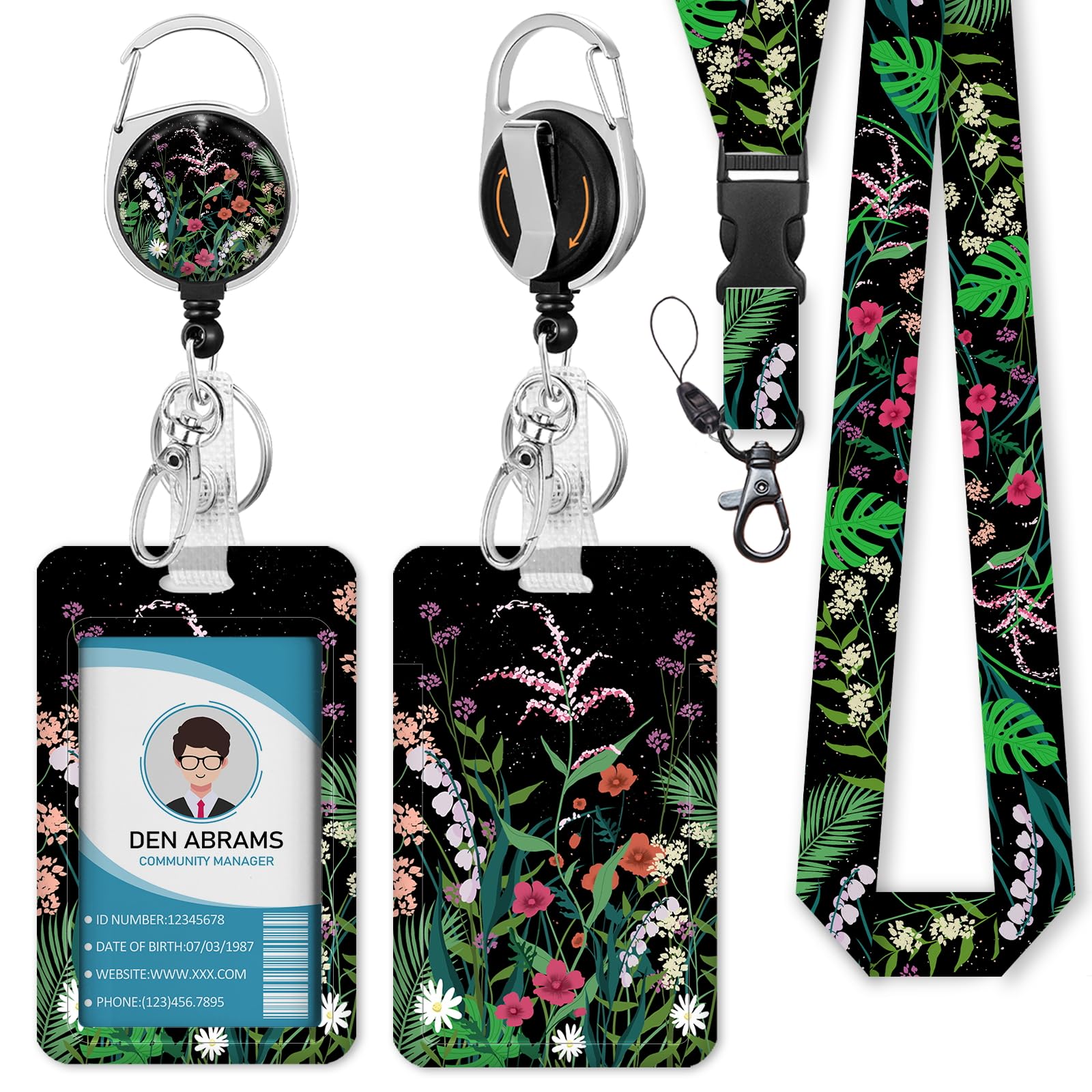 Piefly ID Badge Holder with Breakaway Lanyards, Flowers Floral Badge Holder with Lanyard, Retractable Reel Keychain Name Tag Lanyard Vertical ID Card