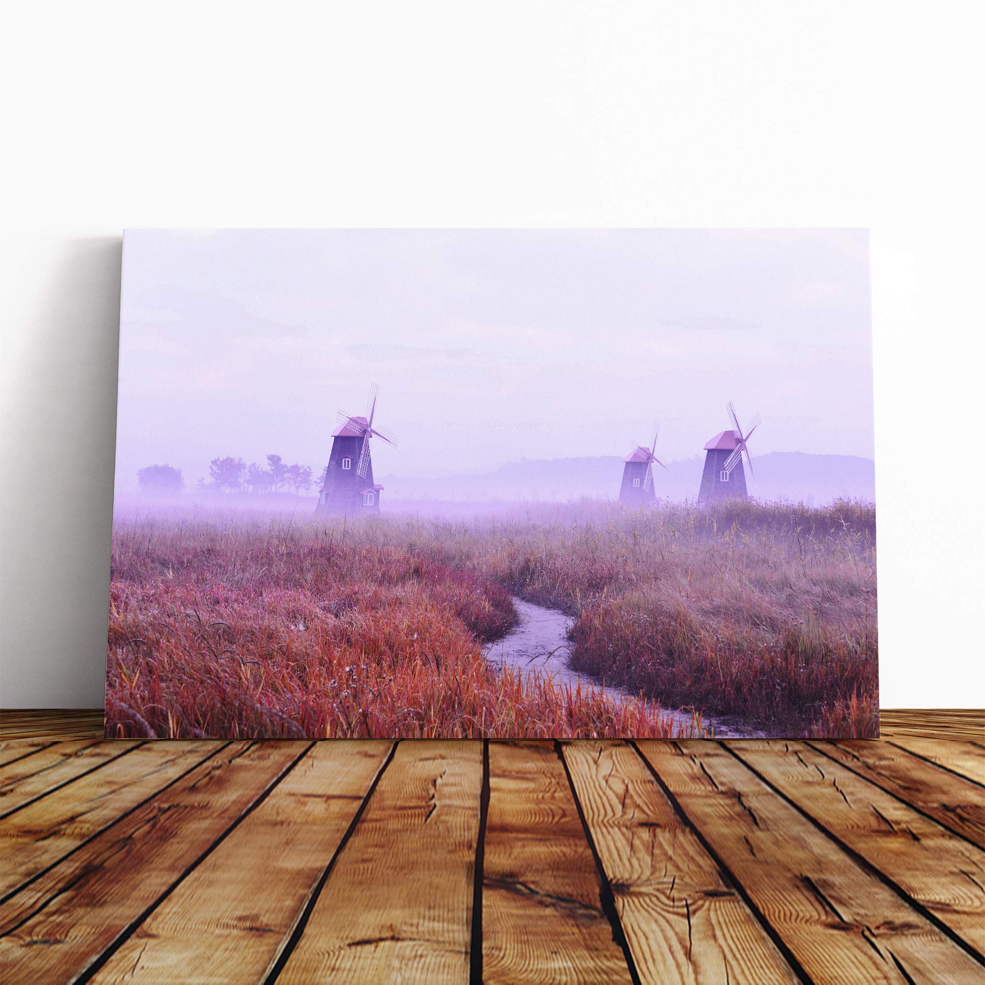 Landscape Windmill and Stream Canvas Print | Gallery Wrapped 30mm Frame Wall Art | 24x16 inches | Ready to Hang | Contemporary Landscape Picture | Living Room Bedroom Lounge Office