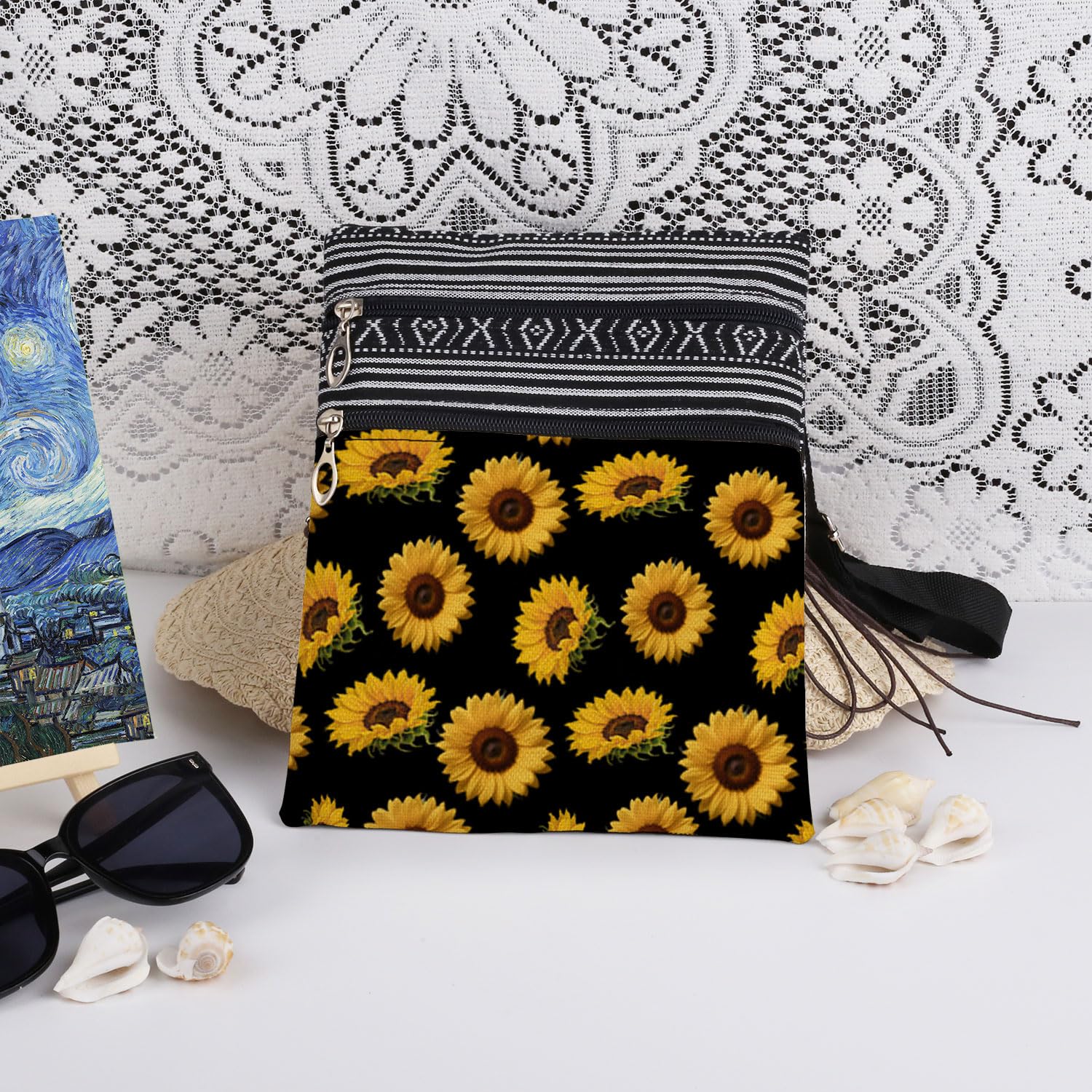 Sunflower Garden Crossbody Bag with Adjustable Strap Yellow Blooms Print Messenger Bag Sunflower Lover Zipper Wallet Christmas Gift for Friend Birthday or Mother's Day​​ Gift for Women's