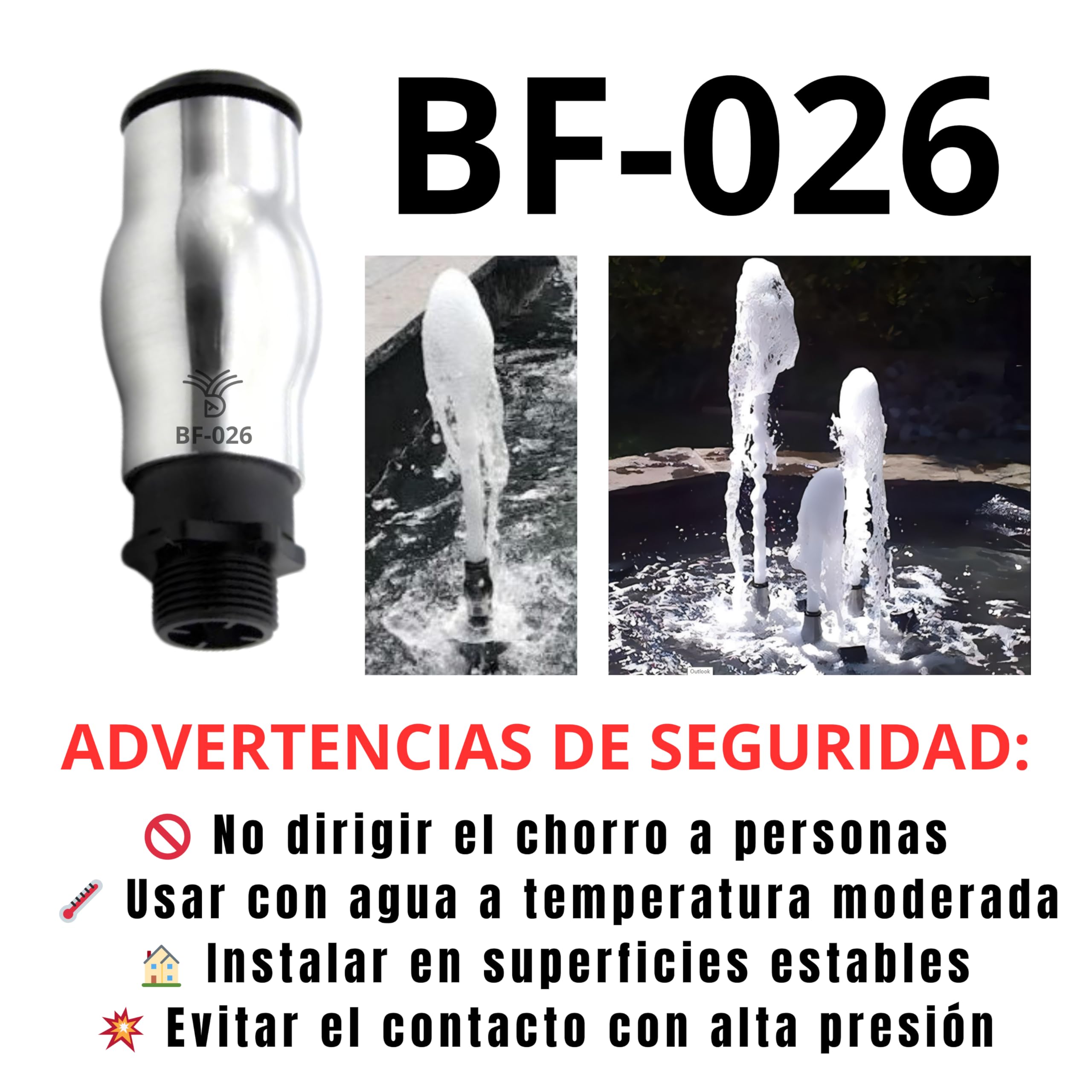 Boquilla para Fuentes de Jardin Columna Espumosa Chorro Espumoso Cascada de Agua 1" Acero Inoxidable y Plástico(BF-026)