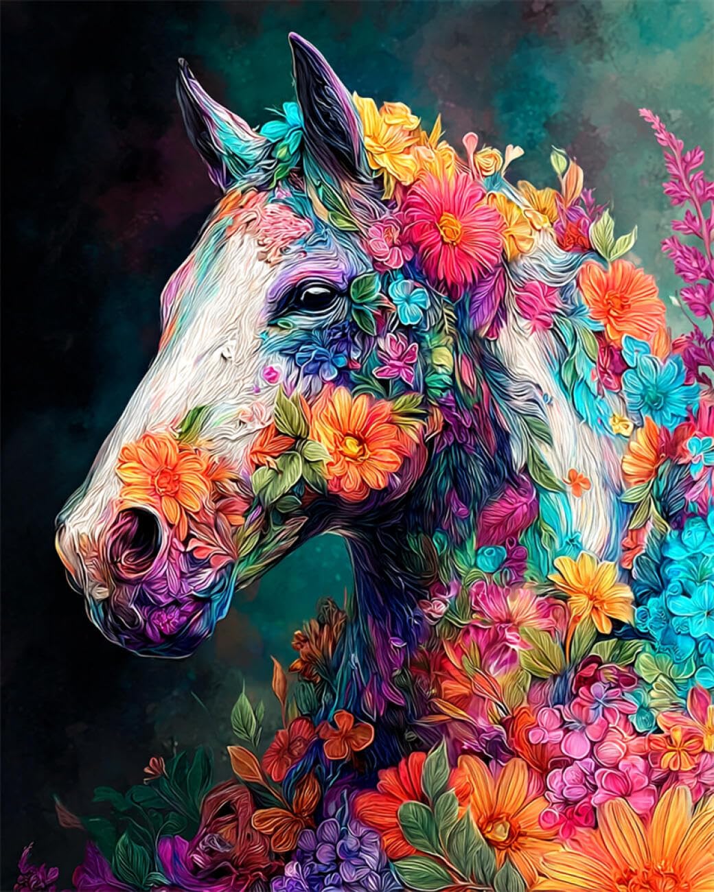 RKFLGEW DIY Seed Bead Embroidery Kits Horses and Flowers 50x70cm