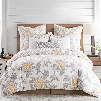 Levtex Home - Reverie Comforter Set - Twin Comforter + One Standard Pillow Cases - Floral - Yellow, Grey, and White - Comforter 68 x 88in. and Pillow Case 26 x 20in. - Cotton