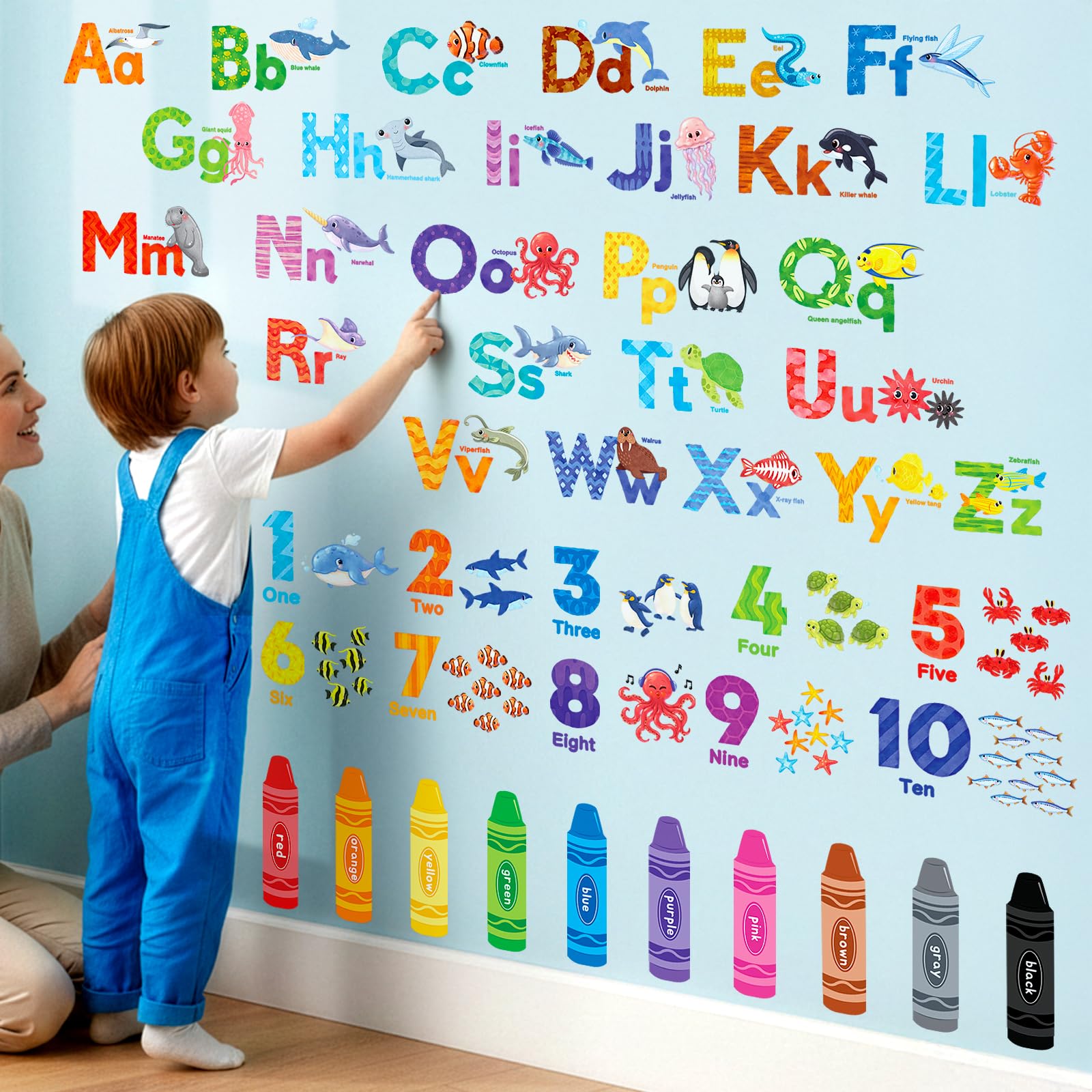 Decowall Learning Abc Alphabet & Numbers Wall Stickers Educational Abc 123 Wall Decals For Kids Nursery Classroom Bedroom Sea Animals Theme Peel & Stick (Ds9-8093)