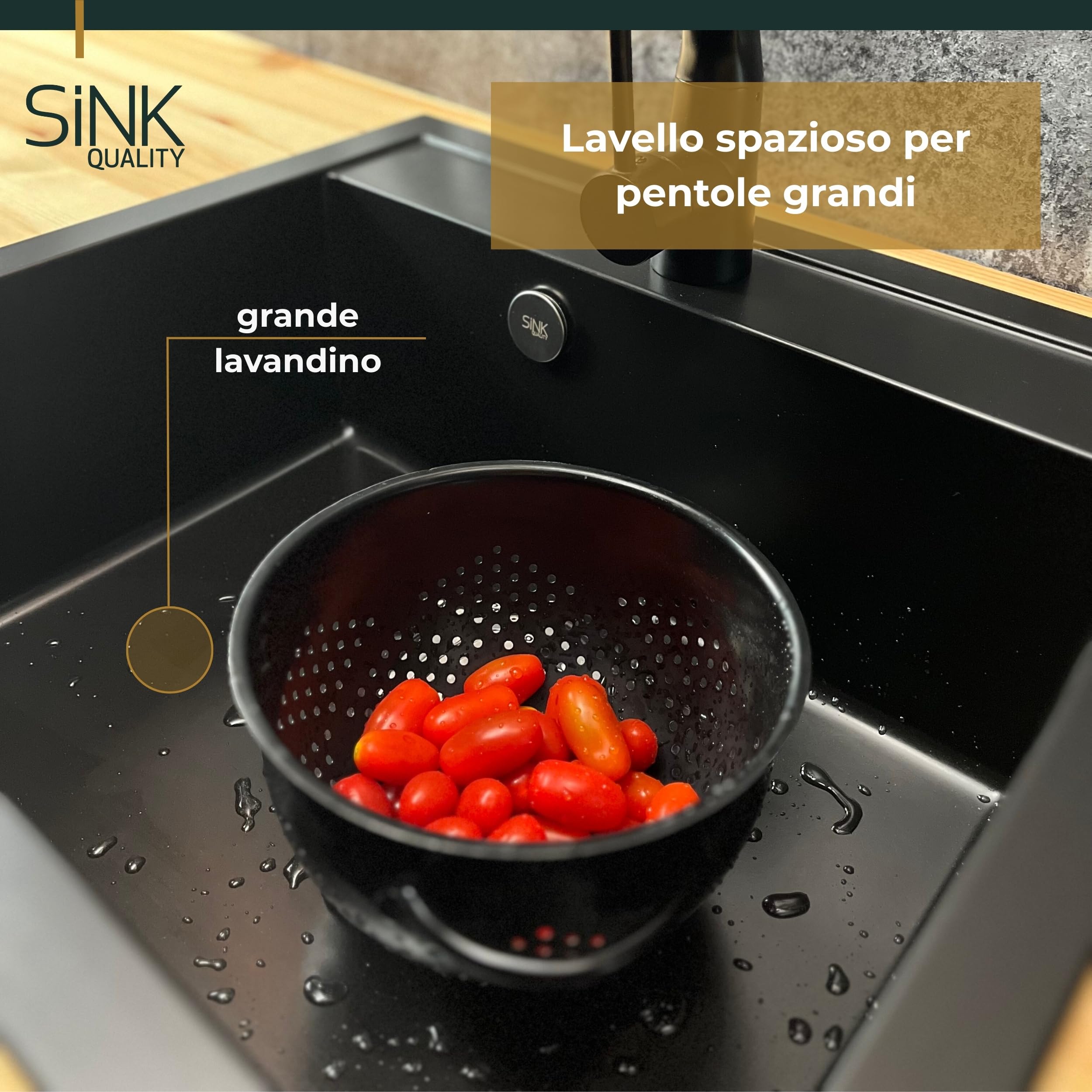 SINK QUALITY Lavello in granito beige 56 x 51 cm – Lavello in granito con sifone e impregnazione – Lavello per sottolavelli a partire da 60 cm di larghezza – Lavello singolo da incasso – Lavabo per