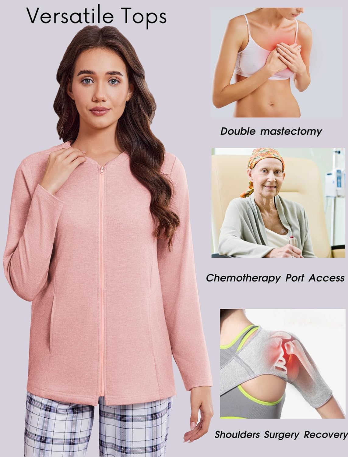 Deyeek Mastectomy Shirts with Drain Pockets Post Shoulder Surgery Tops for Women Chemo Port Long Sleeve with Zippers - Image 4
