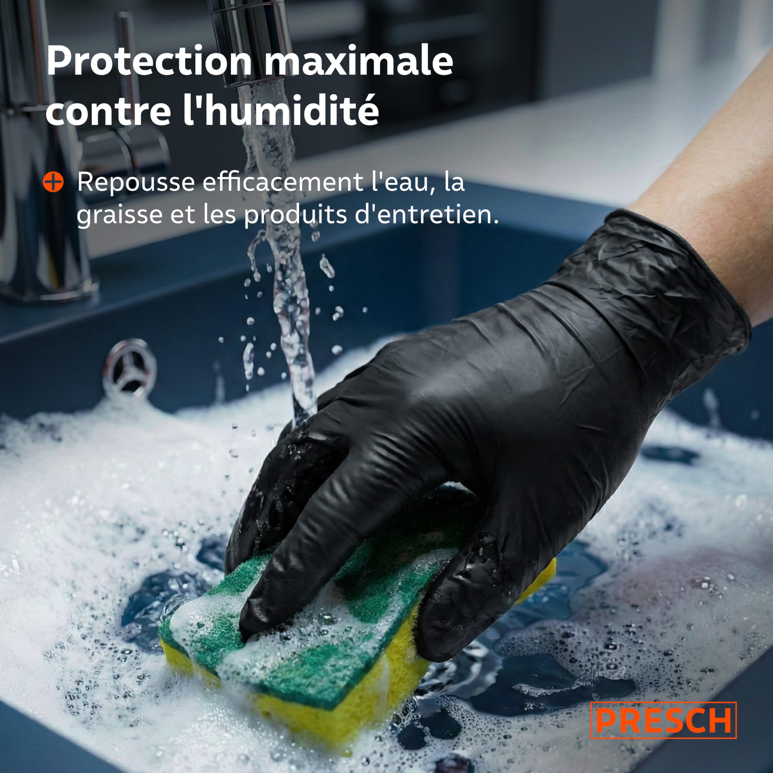 PRESCH Gants Jetables Noir 100 pc (L - 9) - Gants en nitrile avec bouts de doigts texturés - Sans latex et poudre - Résistant aux déchirures grâce à son bord roulé renforcé