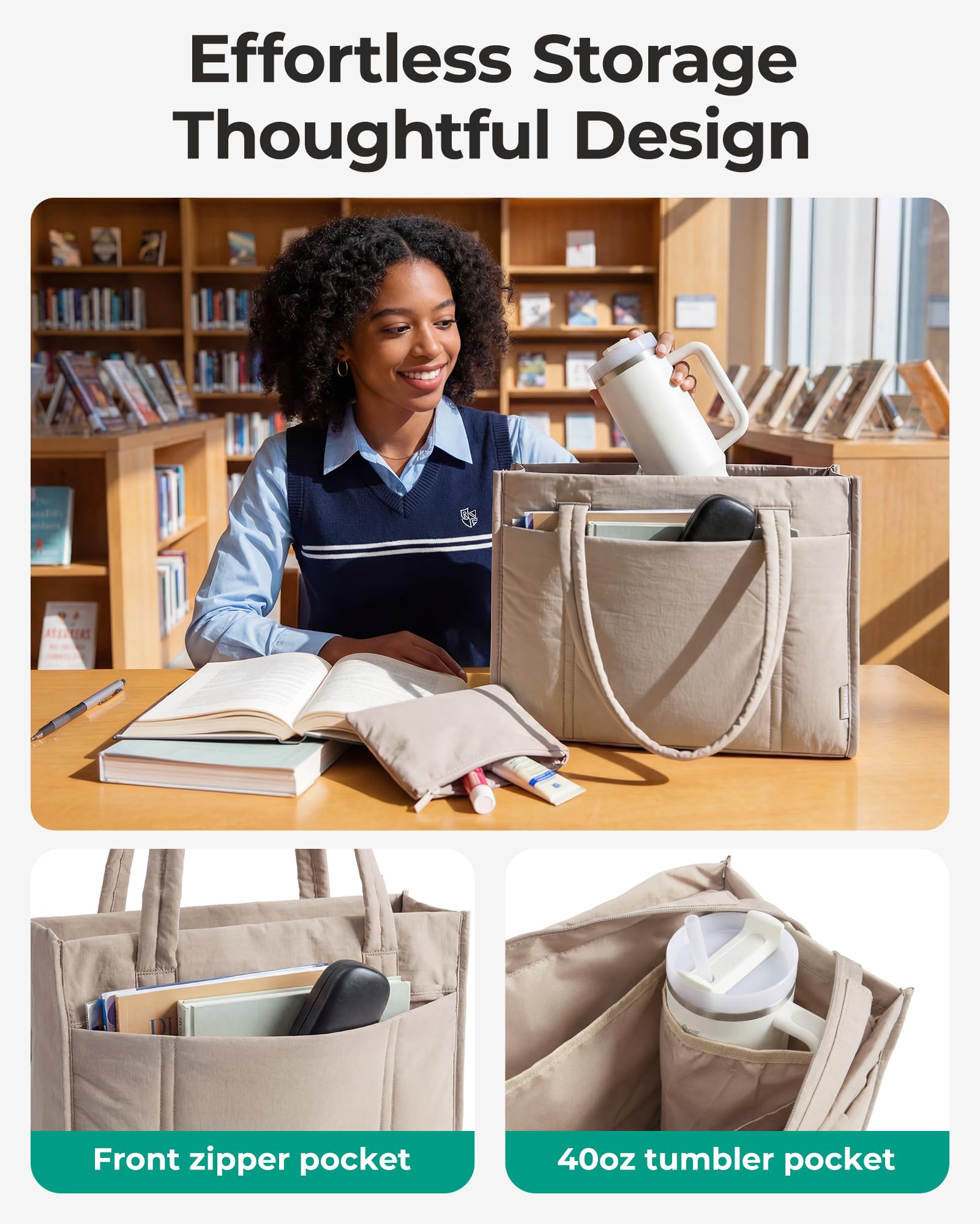 BAGSMART Tote Bag for Women, 2Pc Puffer Tote Bag Set with Zipper, Quilted Large Work Teacher Bag for Travel - 5