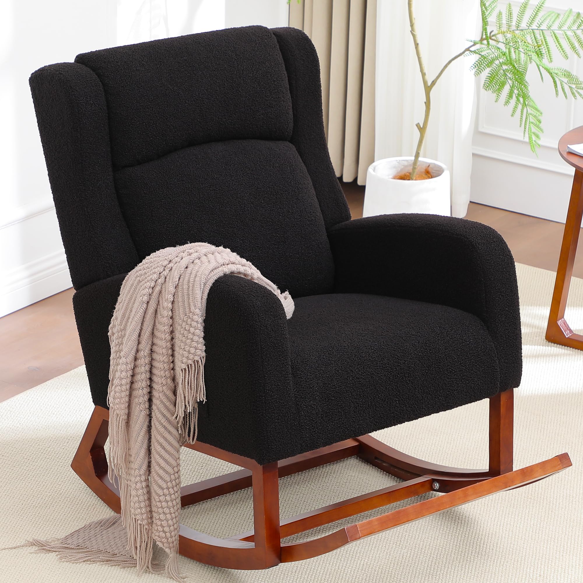 Rocking Chair Nursery, Nursing Rocking Chairs for Mom Nursery, Comfy Wingback Glider Rocking Armchair with Foot Rest and Side Pocket for Nursery Living Room Bedroom, Walnut Black