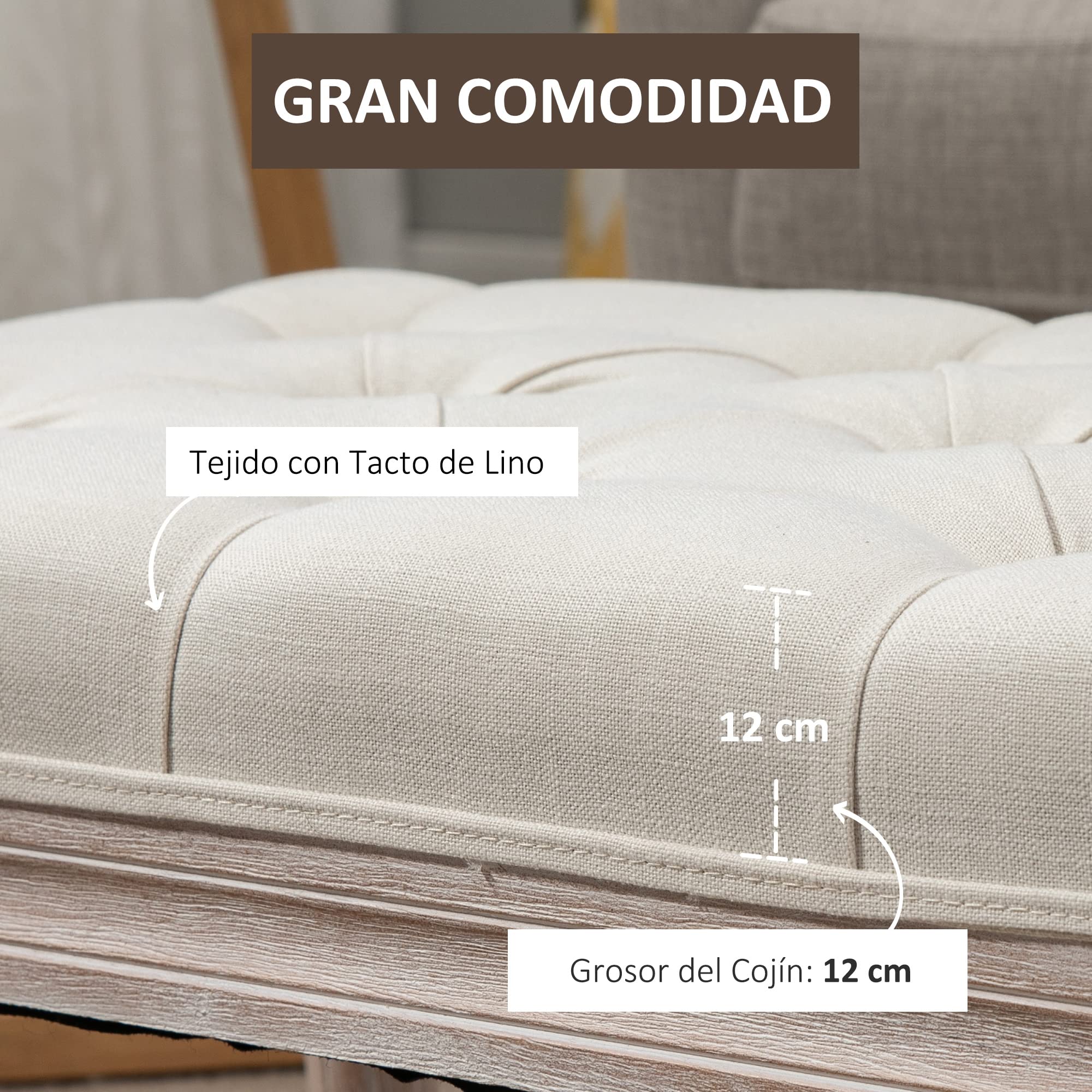 HOMCOM Banco Pie de Cama, Taburete Pie de Cama Tapizado en Lino Sintético con Patas de Madera y Asiento Acolchado, Estilo Vintage, Banco para Dormitorio, Entrada, Pasillo, Beige