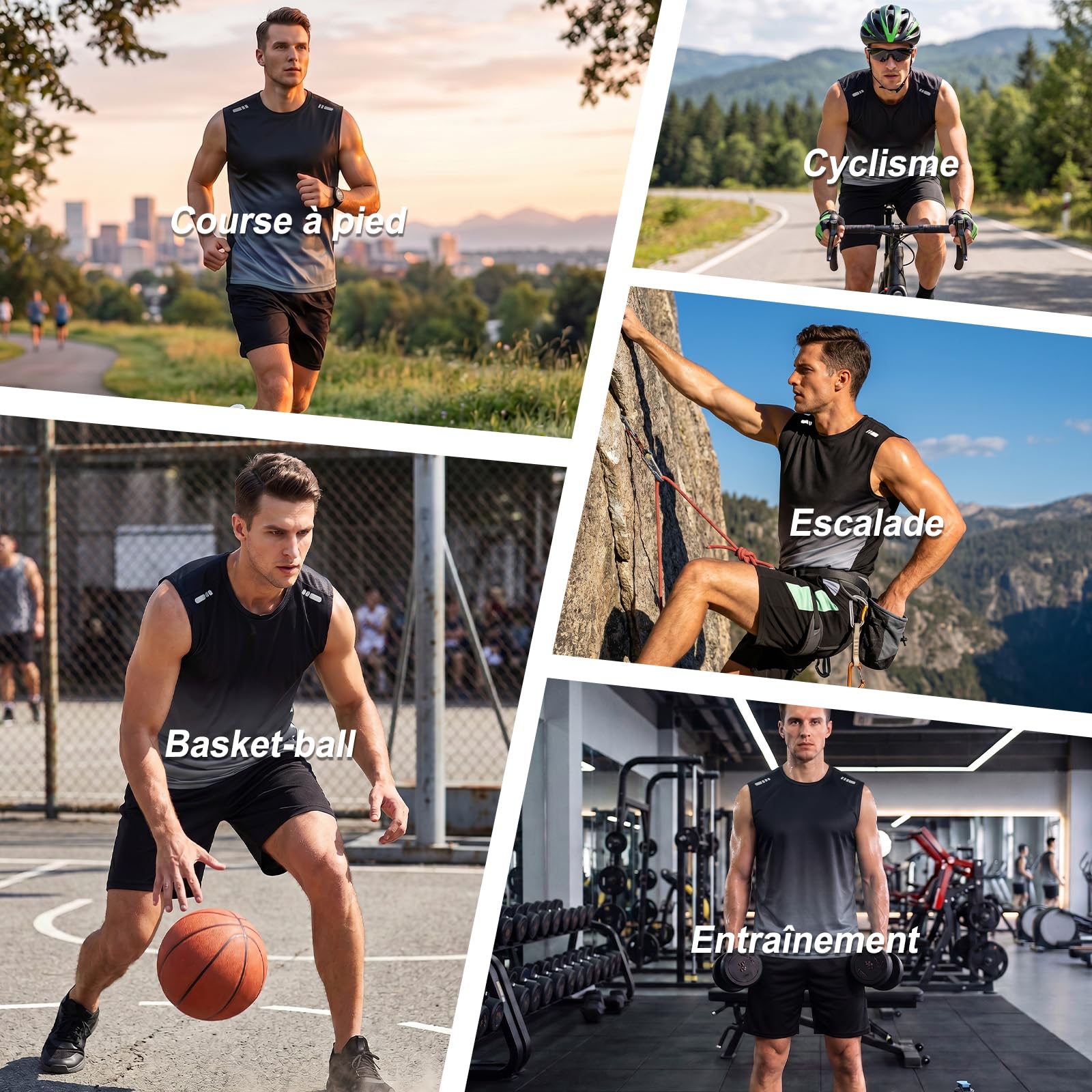 Débardeur Homme sans Manches Hommes Haut T-Shirt de Sport Respirante Extensible à Séchage Rapide Gym Maillot avec Bande Réfléchissante Gilet de Course pour Fitness Musculation Running