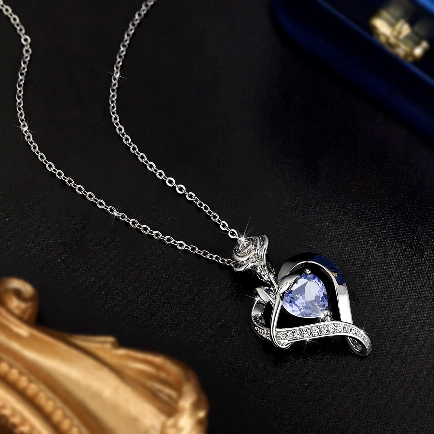 S925 Sterling Silver Rose Flower Dainty Birthstone Heart Necklaces Gifts for Women Jewelry Anniversary Valentines Day Birthday Gifts for Wife Girlfriend Mom