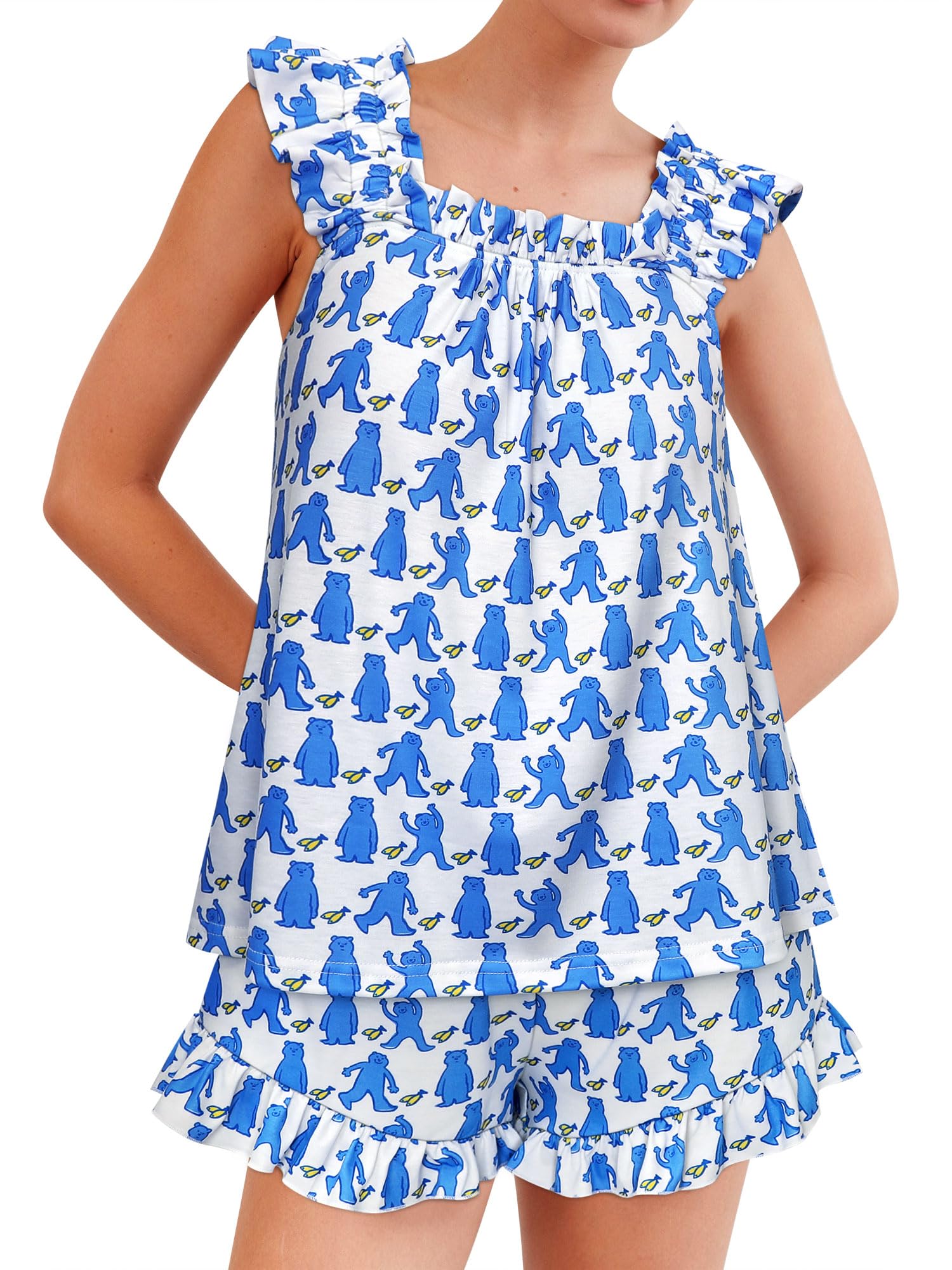Womens Ruffle Cami Pajama Set Cute Preppy Bear Sleeveless Pj Set Kawaii Cartoon Loungewear Pjs Blue
