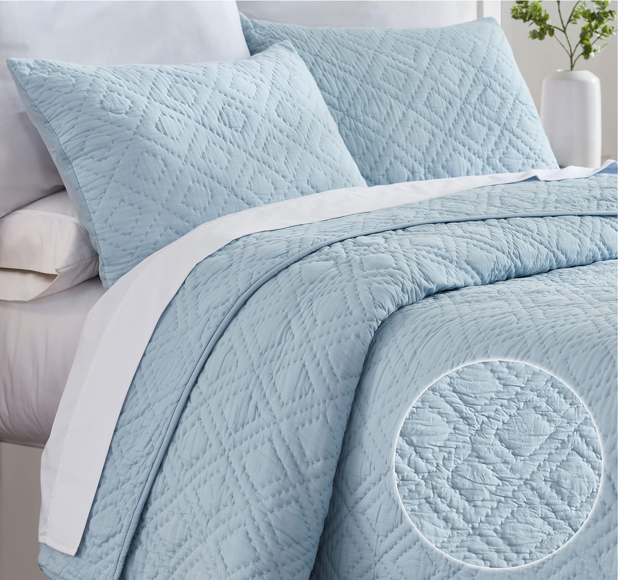 California Design DenHand-Quilted King Size Quilt Set, 100% Cotton Fabric, 3 Piece Blue Quilt King Size Set, Includes 2 Shams, All Season Lightweight, Pre-Softened, Diamond Pattern (Blue)