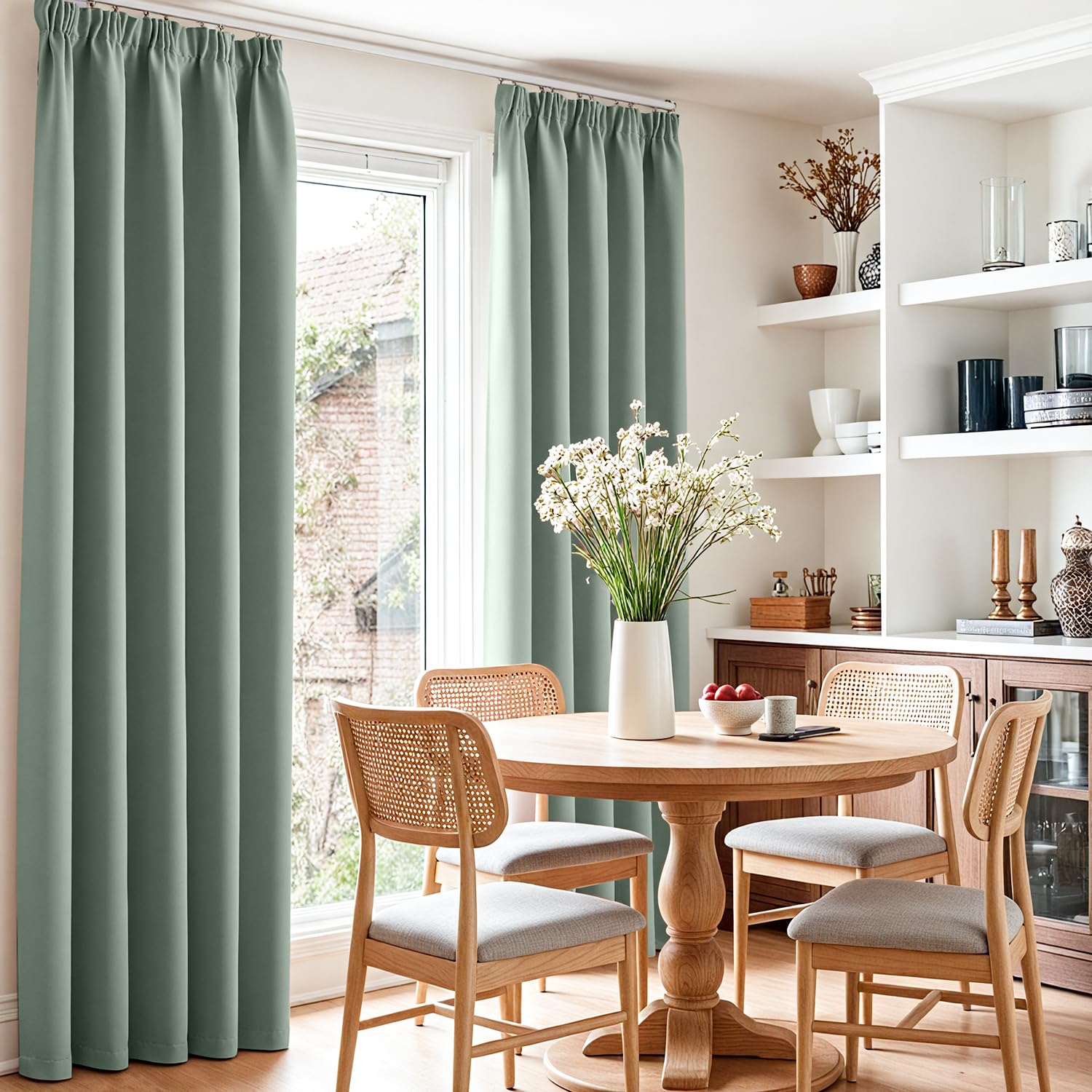 Vangao Rideau Occultant Galon Fronceur Salon Fenetre Chambre Balcon Rideaux Thermiques 140L x 175H cm Lot de 2 Opaque Moderne Interieur pour Rail Decoration Anti-Bruit et UV, Vert Sauge