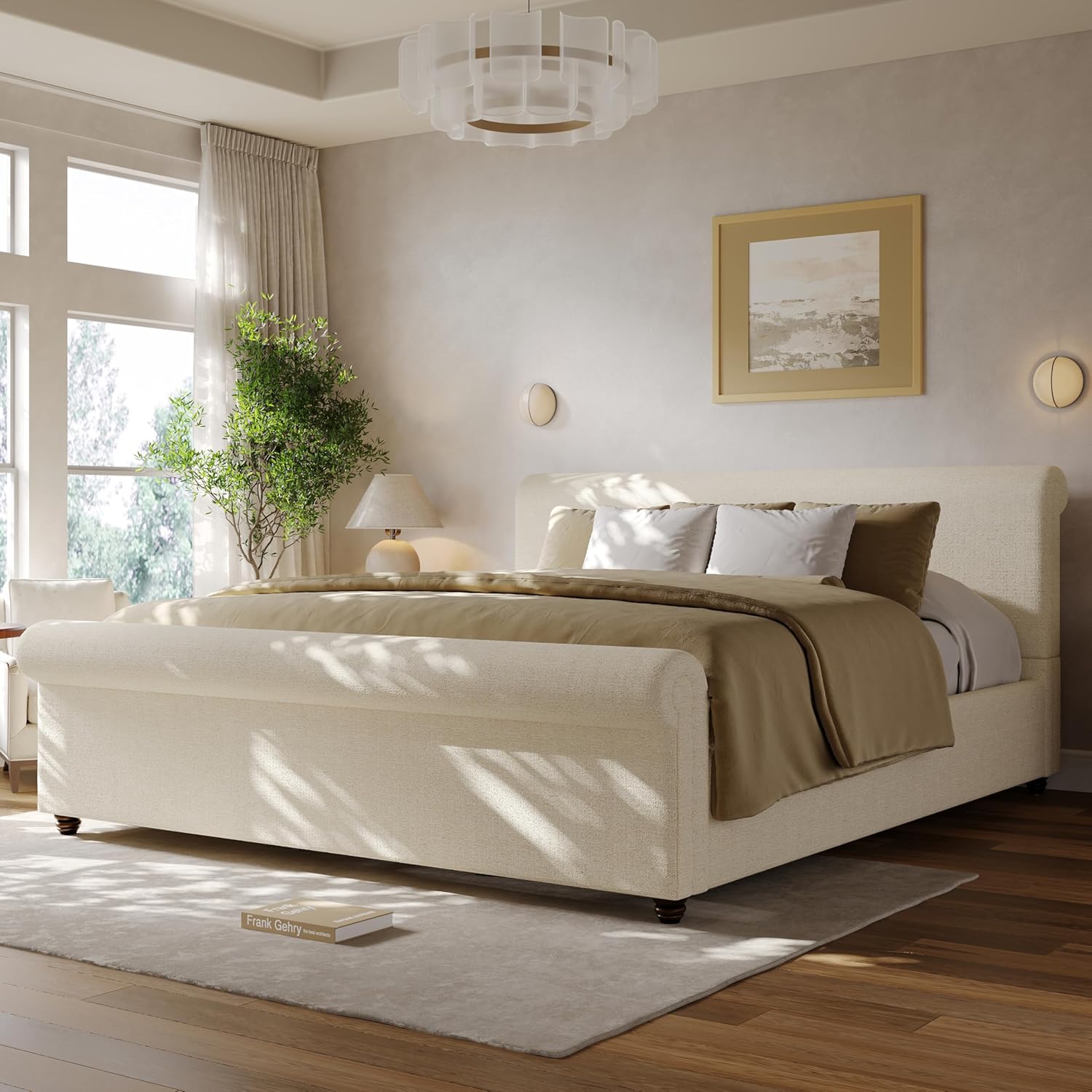 Merax King Size Upholstered Bed Frame with Linen Fabric,