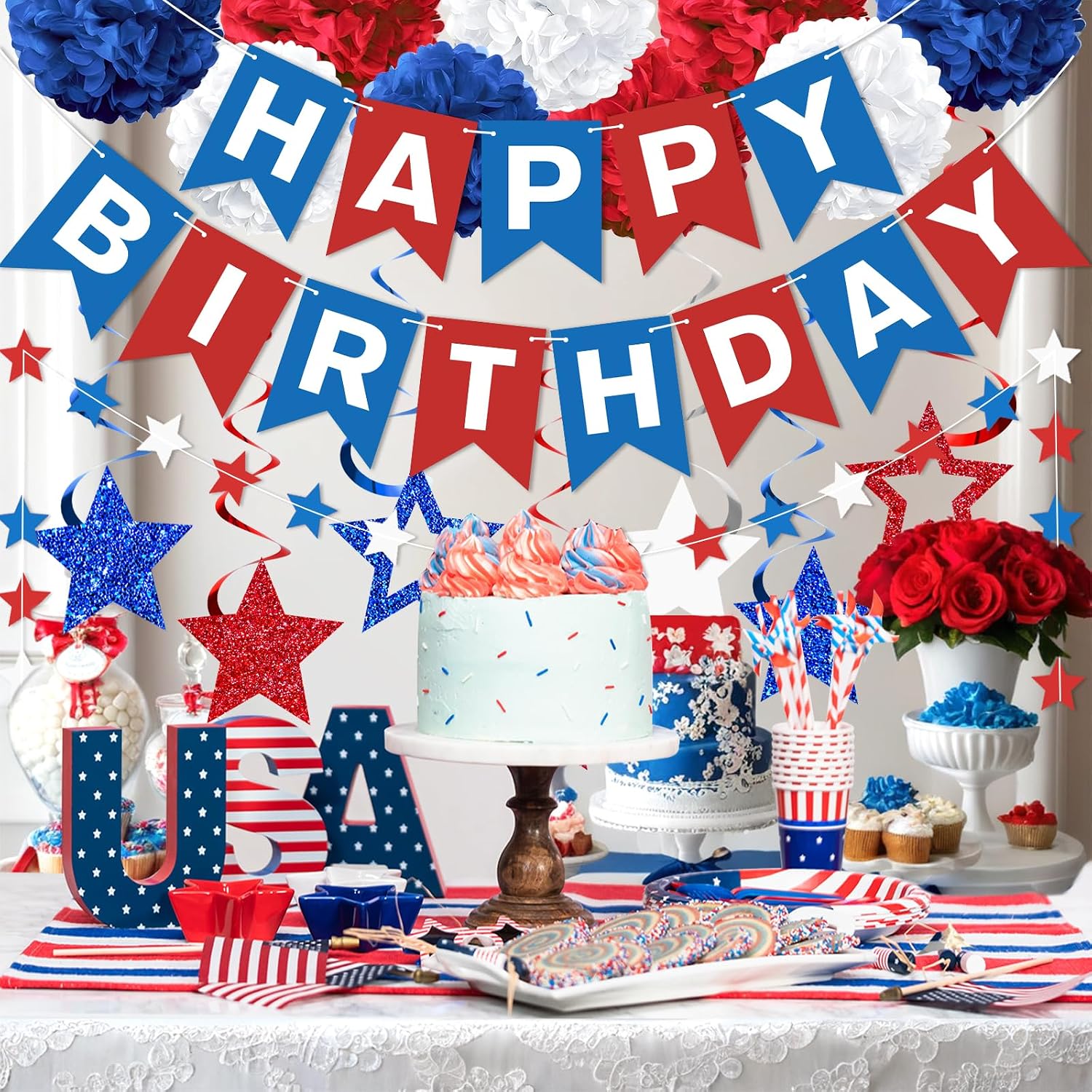 Red White and Blue Birthday Decorations Veterans Day Decoration Banner with Pom Poms Paper Star Streamer 4th of july Patriotic Birthday Party Decorations for Independence Day America National Day
