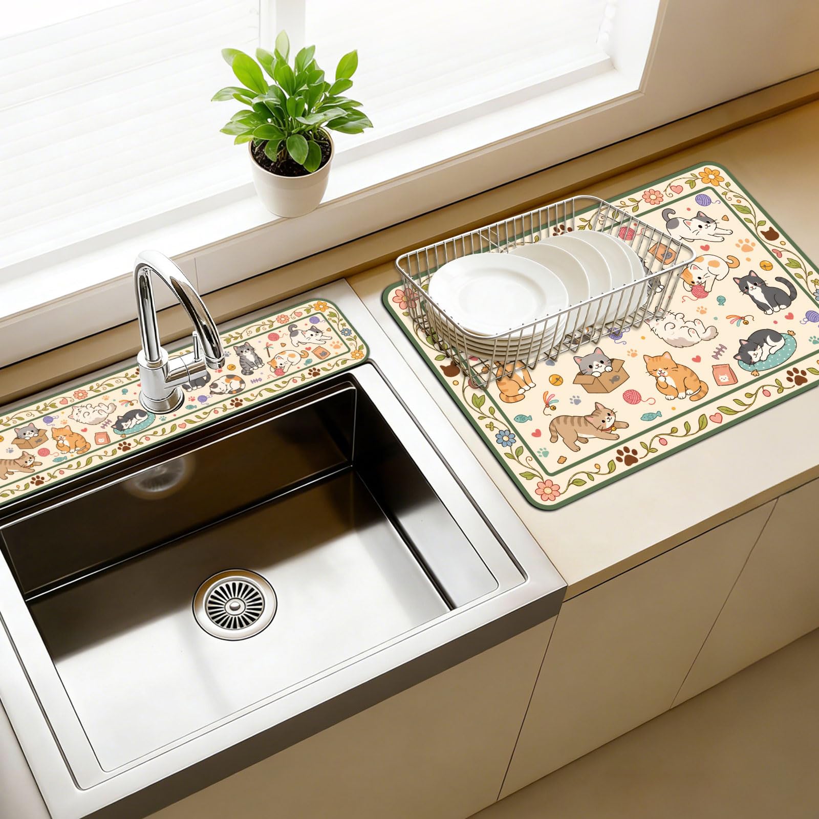 CONCHLERY 3 Pcs Kitchen Sink Splash Guard Faucet Mat Cute Cats Pattern Faucet Mat Dish Drying Mats for Sinks Flower Absorbing Drying Mats for Kitchen Bathroom