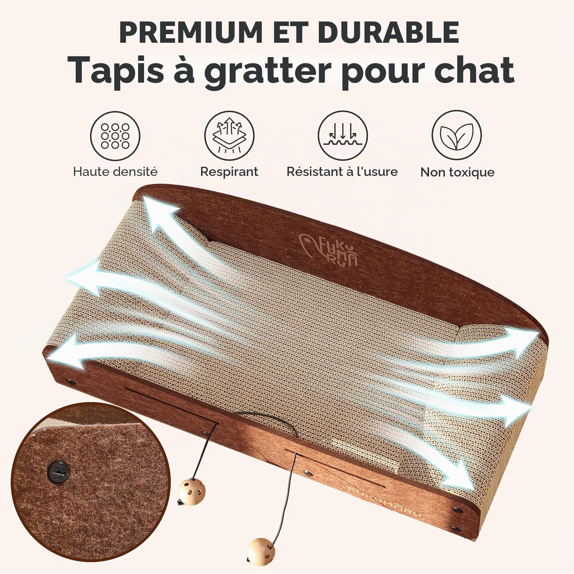 FUKUMARU Grattoir pour Chat de 66 cm en Carton Durable, Grande Chaise Longue, Meubles pour Chat, 2 Griffoirs Réversibles pour Chats d'Intérieur, Lit Recyclable en Carton avec Balle Cloche
