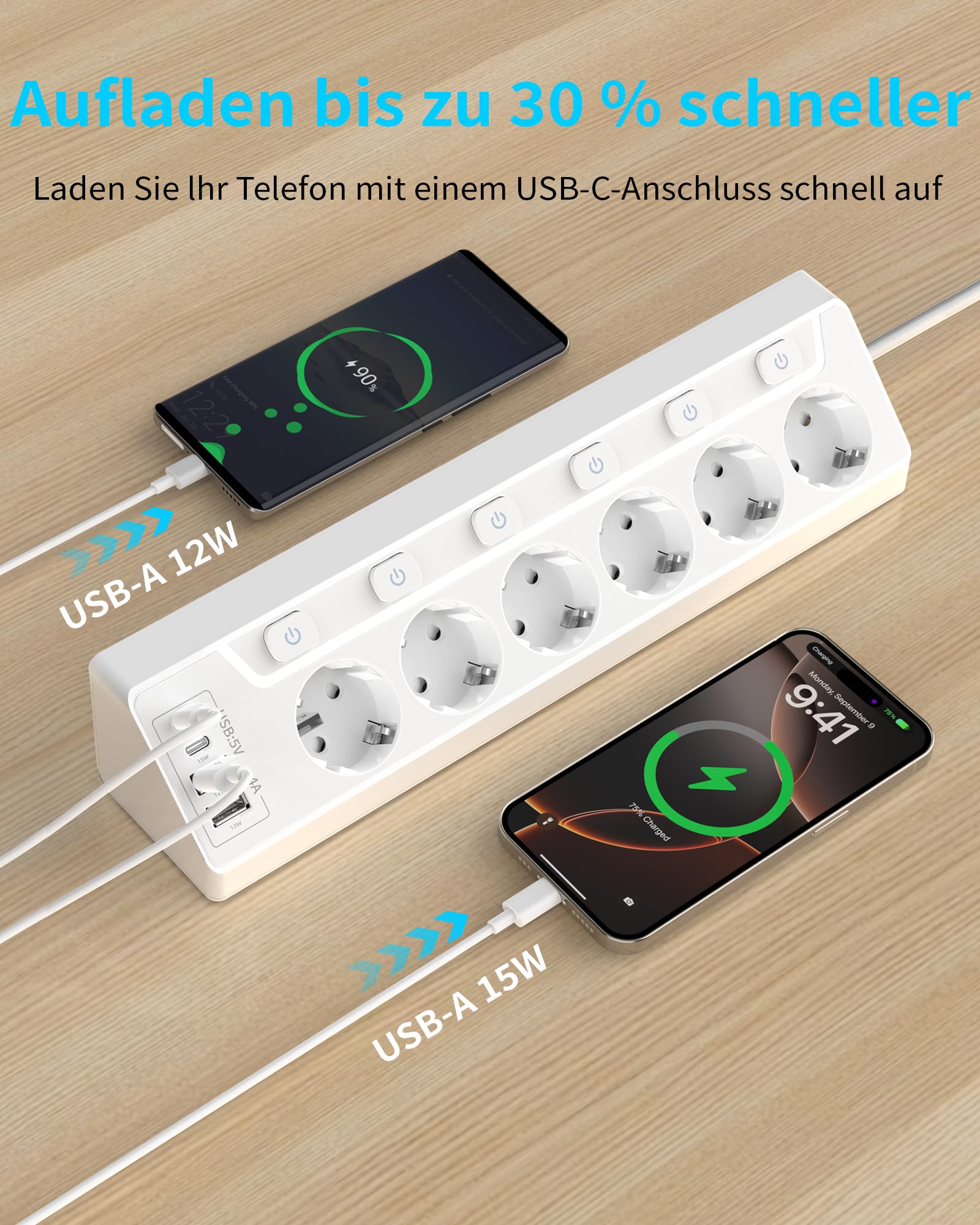 Ciabatta elettrica angolare con protezione da sovratensione, con USB C, 6 prese, presa multipla da tavolo con cavo da 2 m (3680 W, 16 A), montaggio a parete, per cucina, casa, ufficio