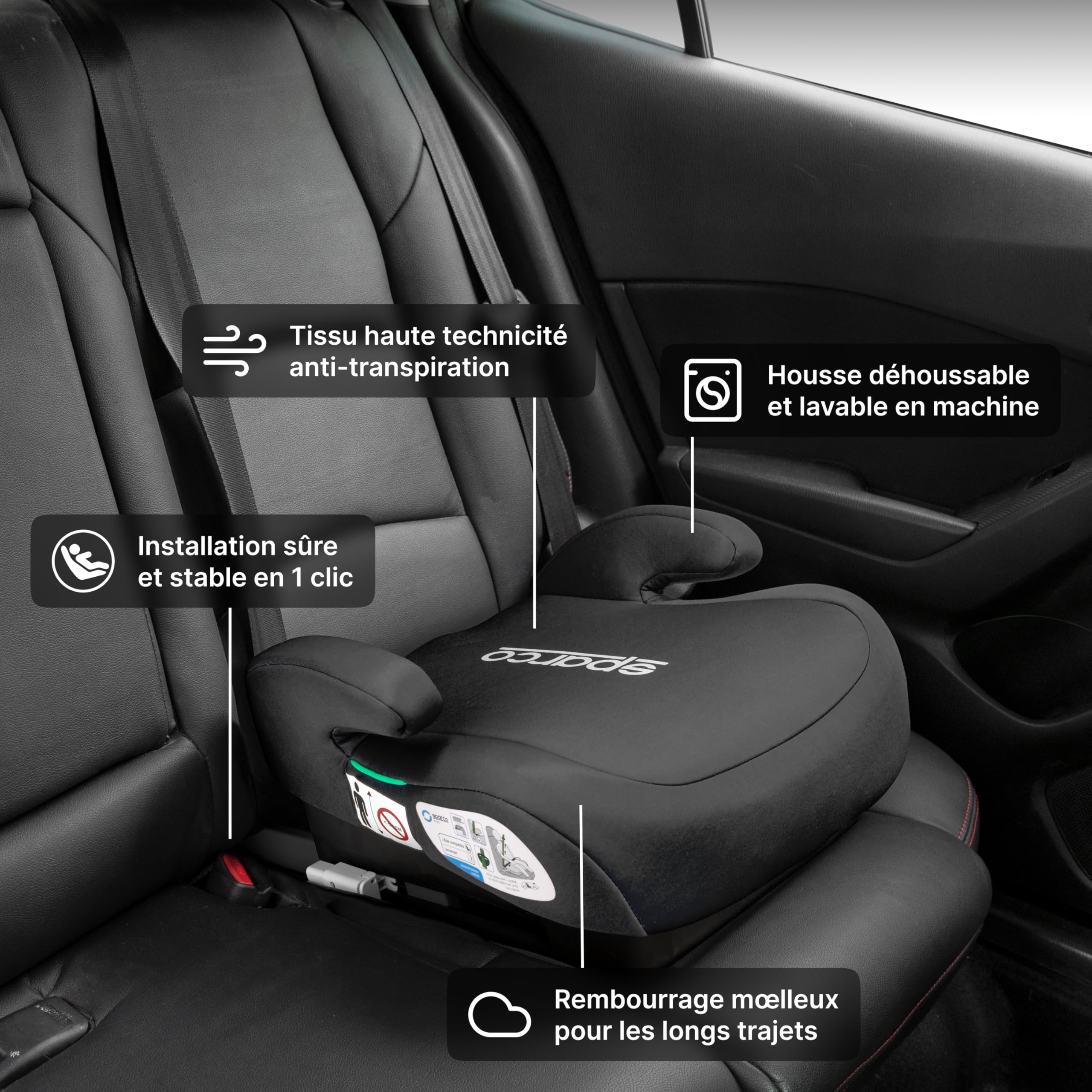 Réhausseur Auto Bas Enfant Sparco ISOFIX i-Size ECE R129 – 125 à 150 cm – Groupe 3 – Siège Voiture Sécurisé – Fixation ISOFIX – Assise Confortable – Housse Lavable – Coloris Noir
