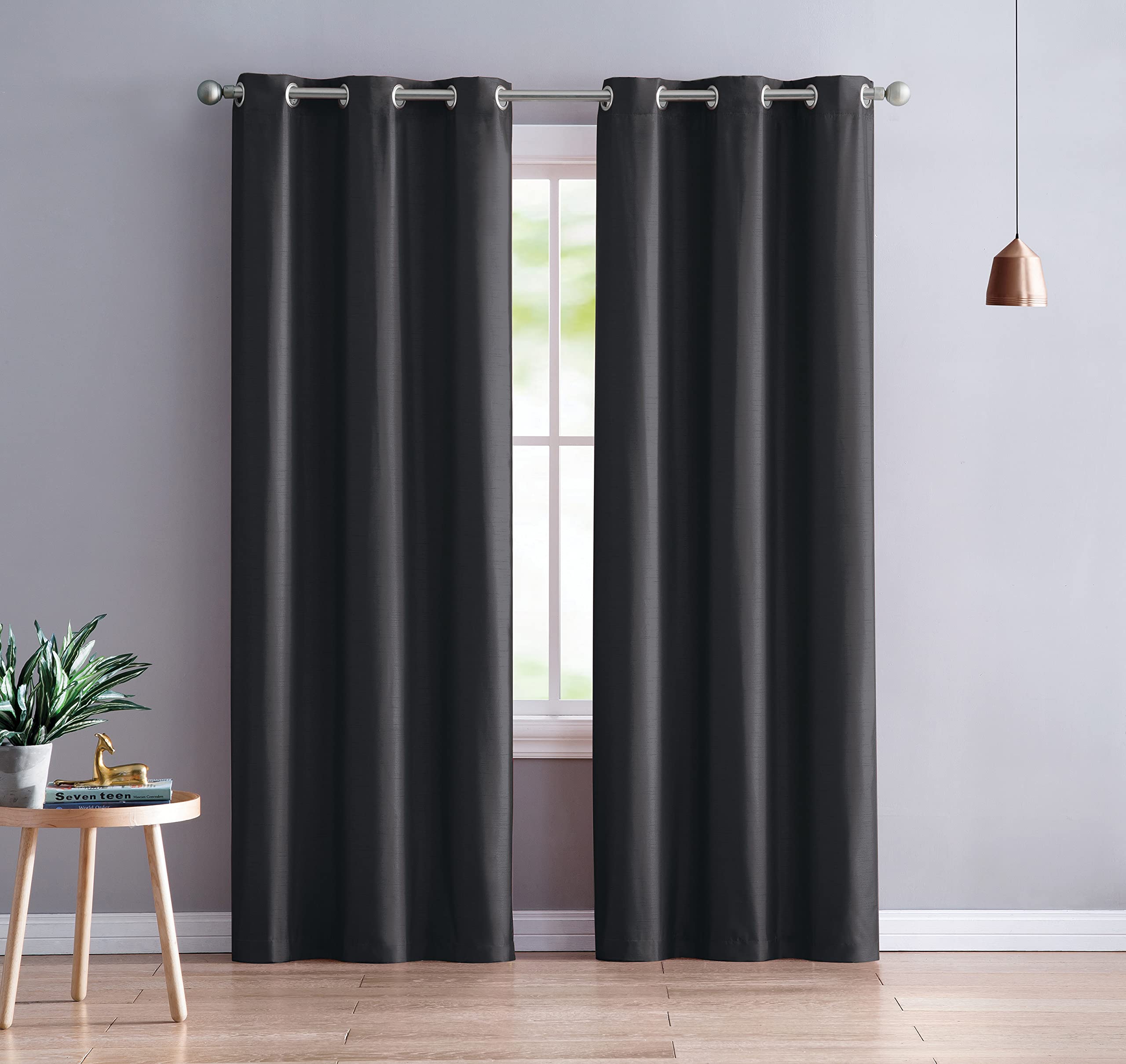 VC New York | Aiden Collection | Black Onyx Solid Faux Silk Grommet Blackout Curtain Panel Pair, 38" x 84