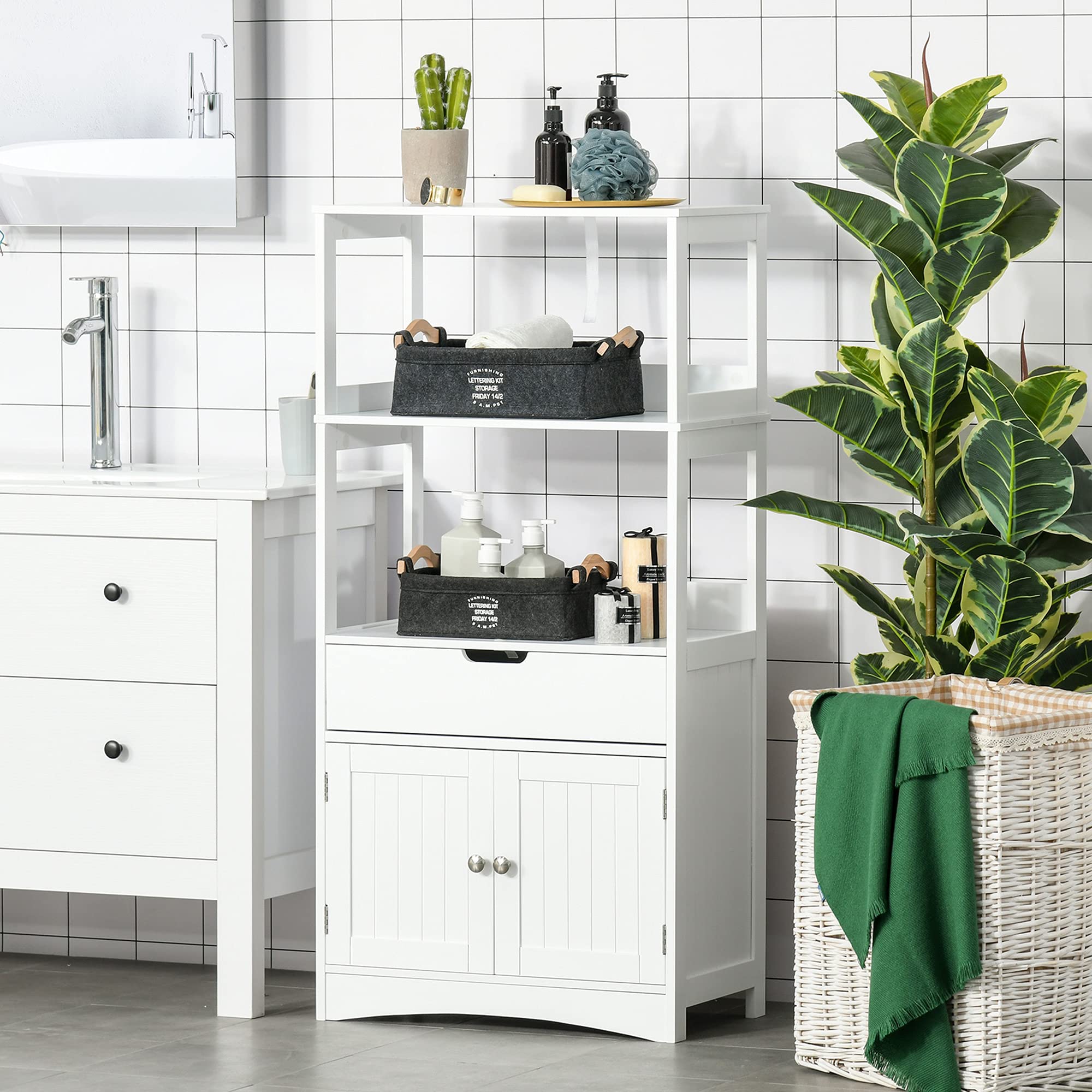 kleankin Armario de Baño con 3 Estantes y Cajón 60x33x122,5 cm Blanco | 2 Puertas, Mueble de Almacenamiento de Suelo, Moderno, para Cocina Dormitorio Salón