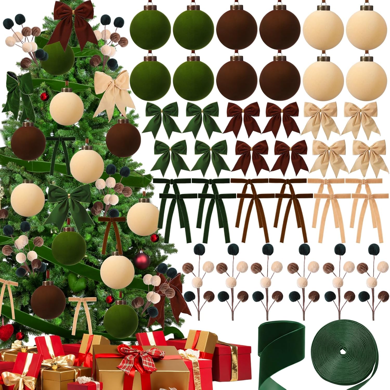Wettarn 53 Pcs Christmas Velvet Ornaments Kit Include 15 3.15" Velvet Balls, 30 Bows (Wide & Narrow), 1 Wide & 1 Narrow Ribbon (5 yds Each), 6 Flocked Ball Picks for Xmas Decor(Brown, Green, Beige)