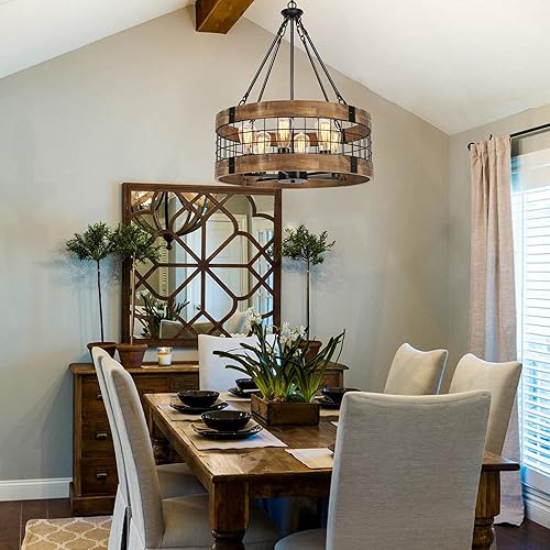 Miniatura 5 de Candelabro de madera de granja de 6 luces para comedor lámparas rústicas de vestíbulo luces colgantes de tambor industrial para entrada de isla de