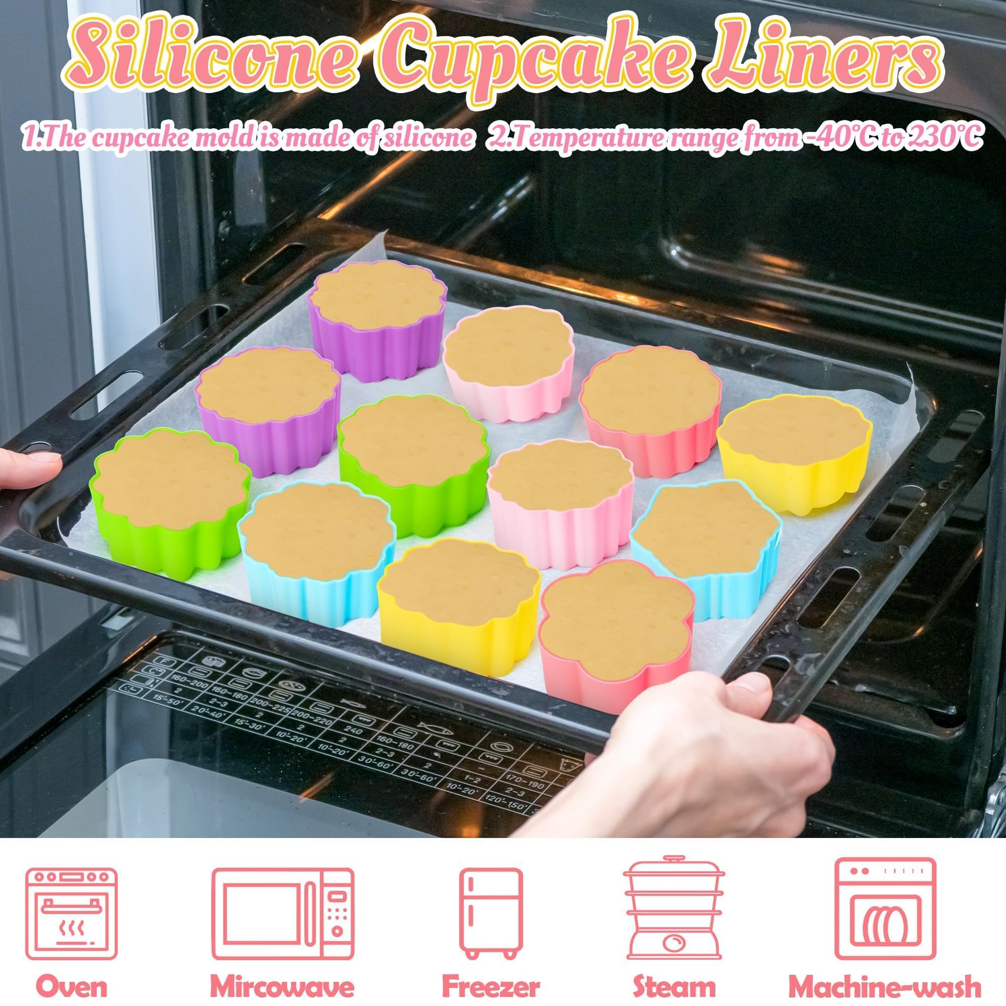 R HORSE Cupcake-Förmchen aus Silikon, bunt, Blumenform, antihaftbeschichtet, wiederverwendbar, Muffinförmchen für Pfanne, Backofen, Mikrowelle, Geschirrspüler, 60 Stück
