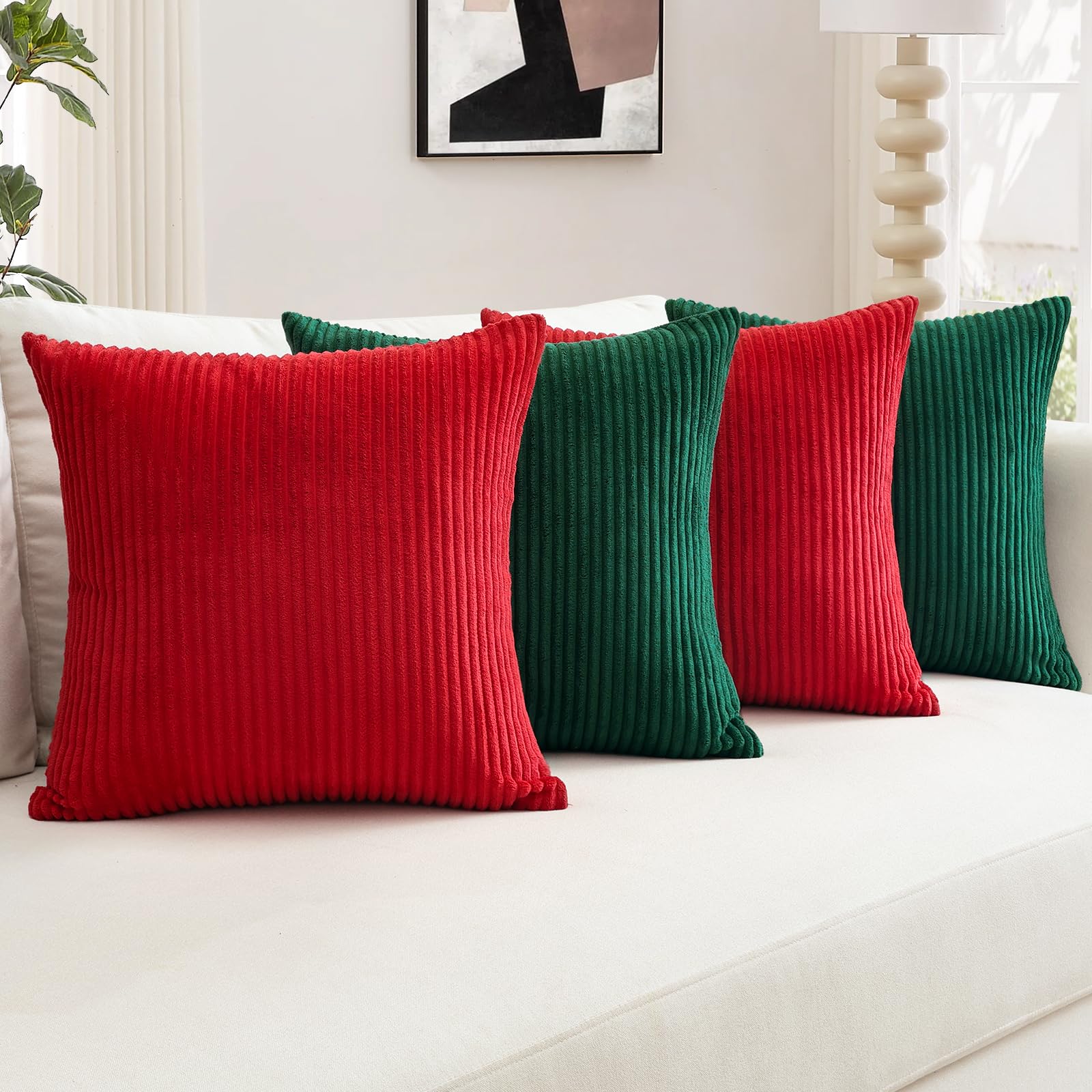 OTOSTAR Confezione da 4 federe decorative per cuscini, 45 x 45 cm, in morbido velluto a coste, decorative, moderne per divano e casa (rosso verde)