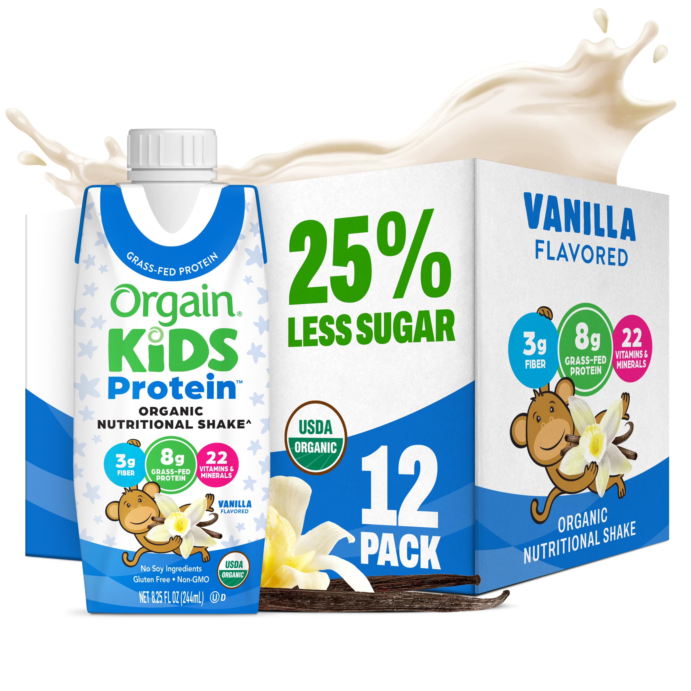 Orgain Organic Kids Nutritional Protein Shake, Vanilla, Healthy Kids Snacks, 8g Dairy Protein, 3g Fiber, 22 Vitamins & Minerals, No Soy ingredients, Gluten Free