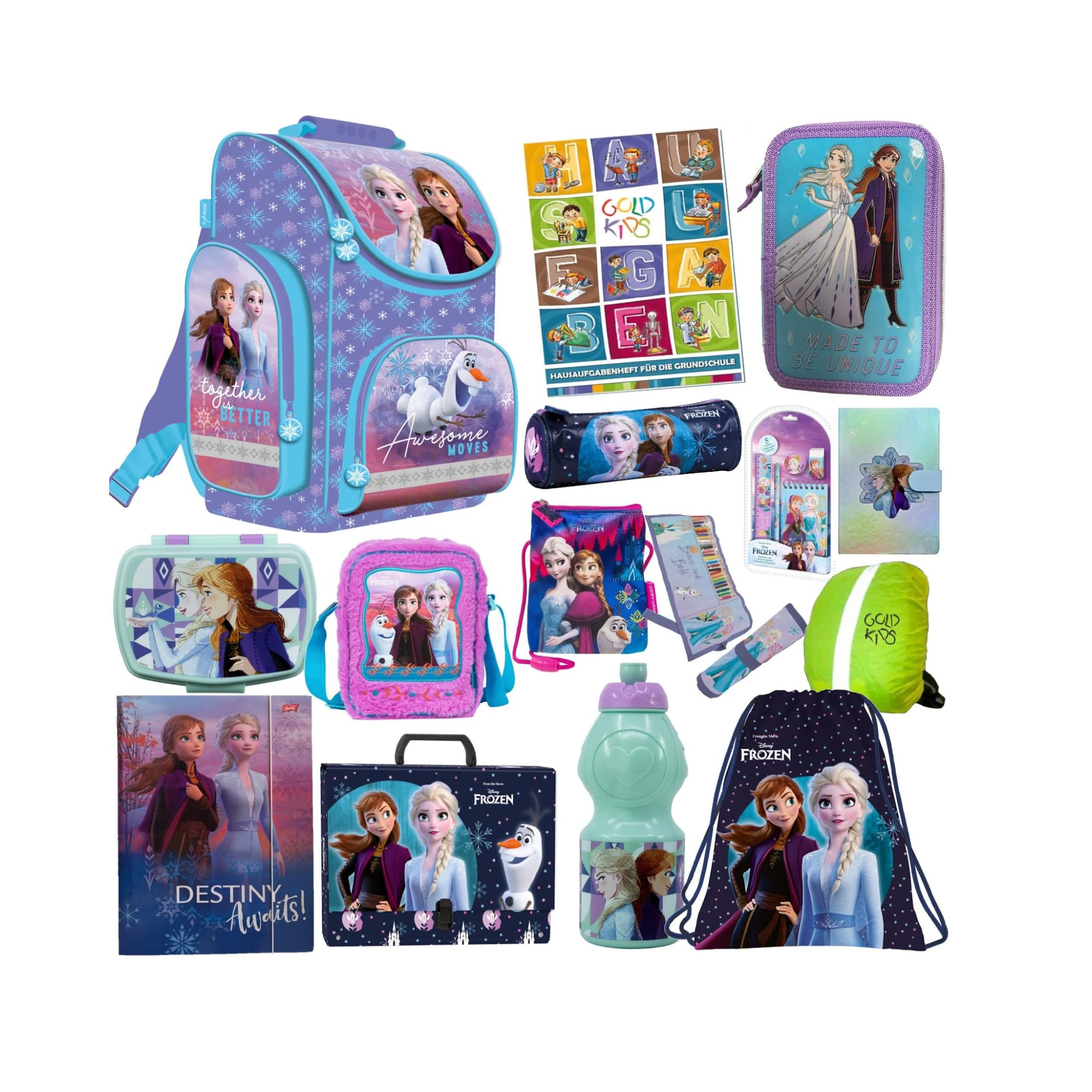 St.Majewski - Schulranzen für Jungen und Mädchen, 15er-Set - Schul-Rucksack für Kinder mit Federmäppchen - Schuhbeutel Trinkflasche und Brotdose - Frozen Motiv