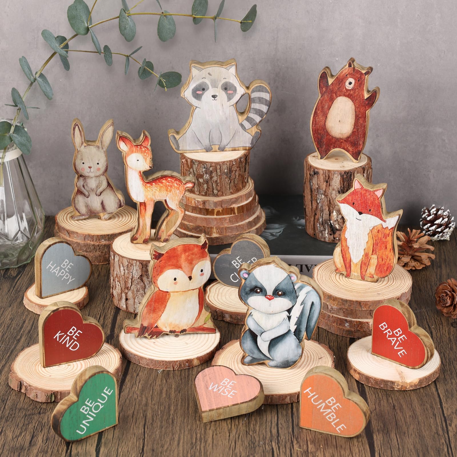 21 Pcs Woodland Baby Shower Table Centerpieces Wood Animals Block Sign with Warm Characters and 3D Heart Neutral Gender Reveal Rustic Forest Safari