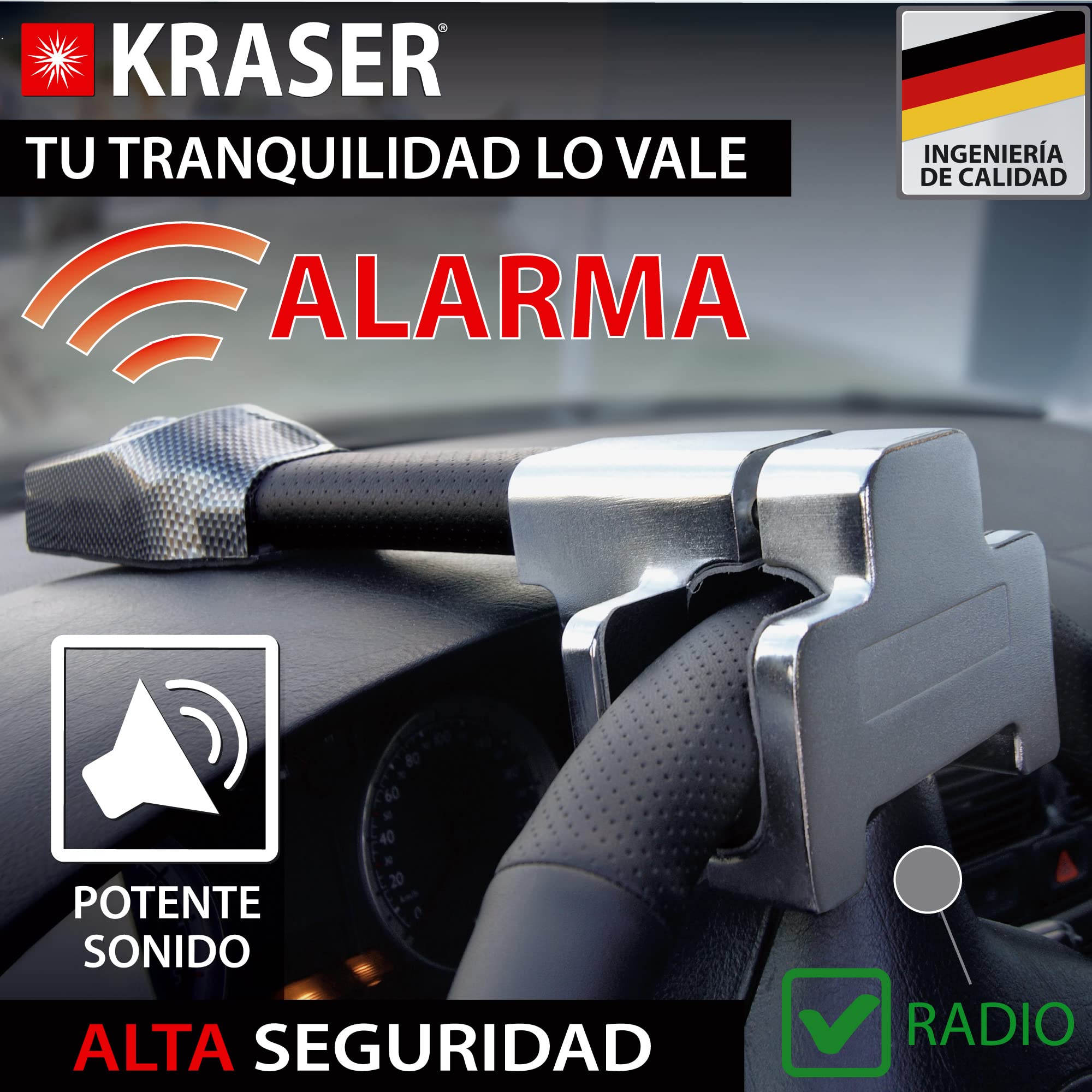 KRASER KR830 Antirrobo Coche, Barra Volante con Alarma 120dB, Robusto Bloqueo Alta Seguridad, Fácil de Usar, Acero Más Calidad, Cepo Coche Universal SUV Furgoneta Autocaravana
