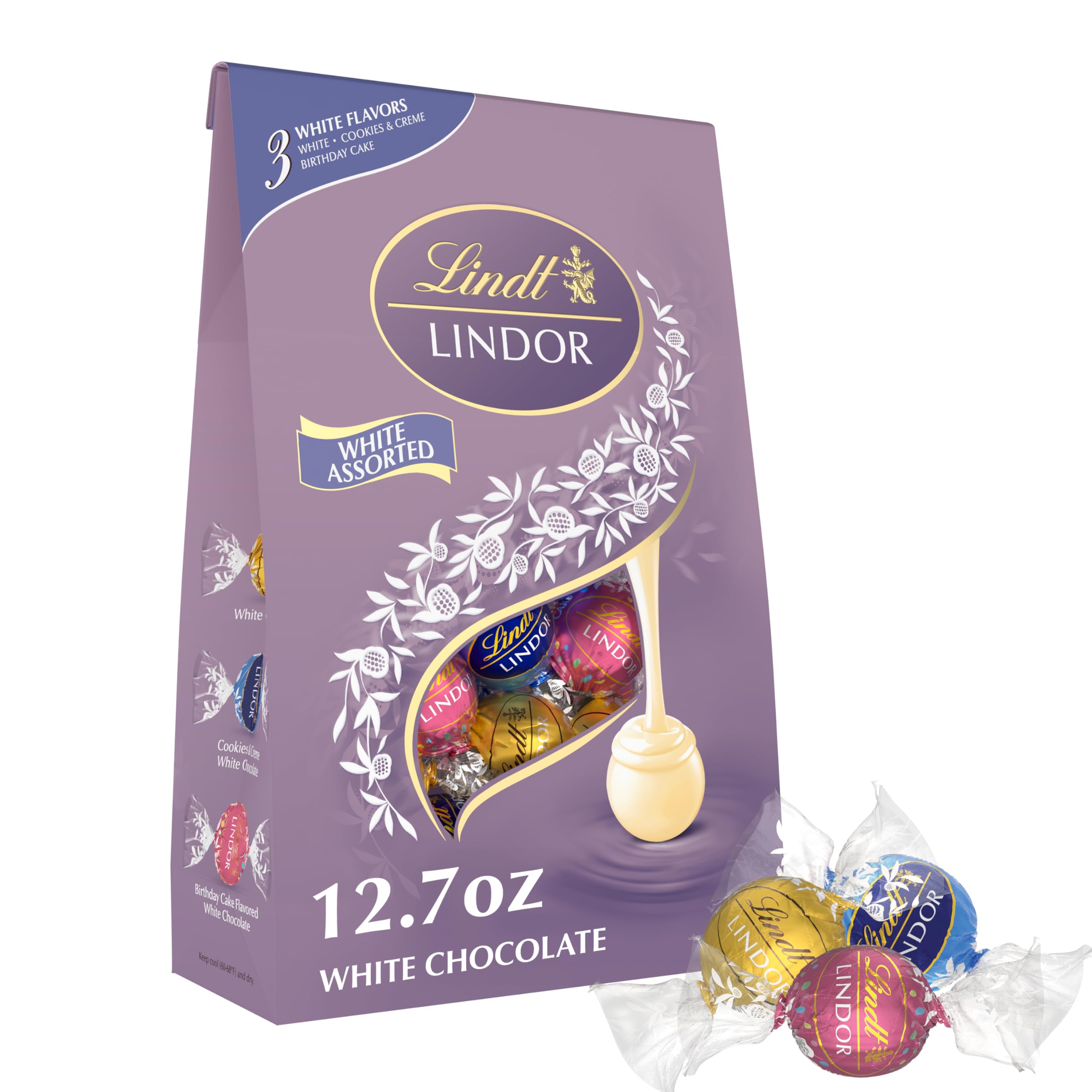 Lindt LINDOR Assorted White Chocolate Candy Truffles, 12.7 oz Bag