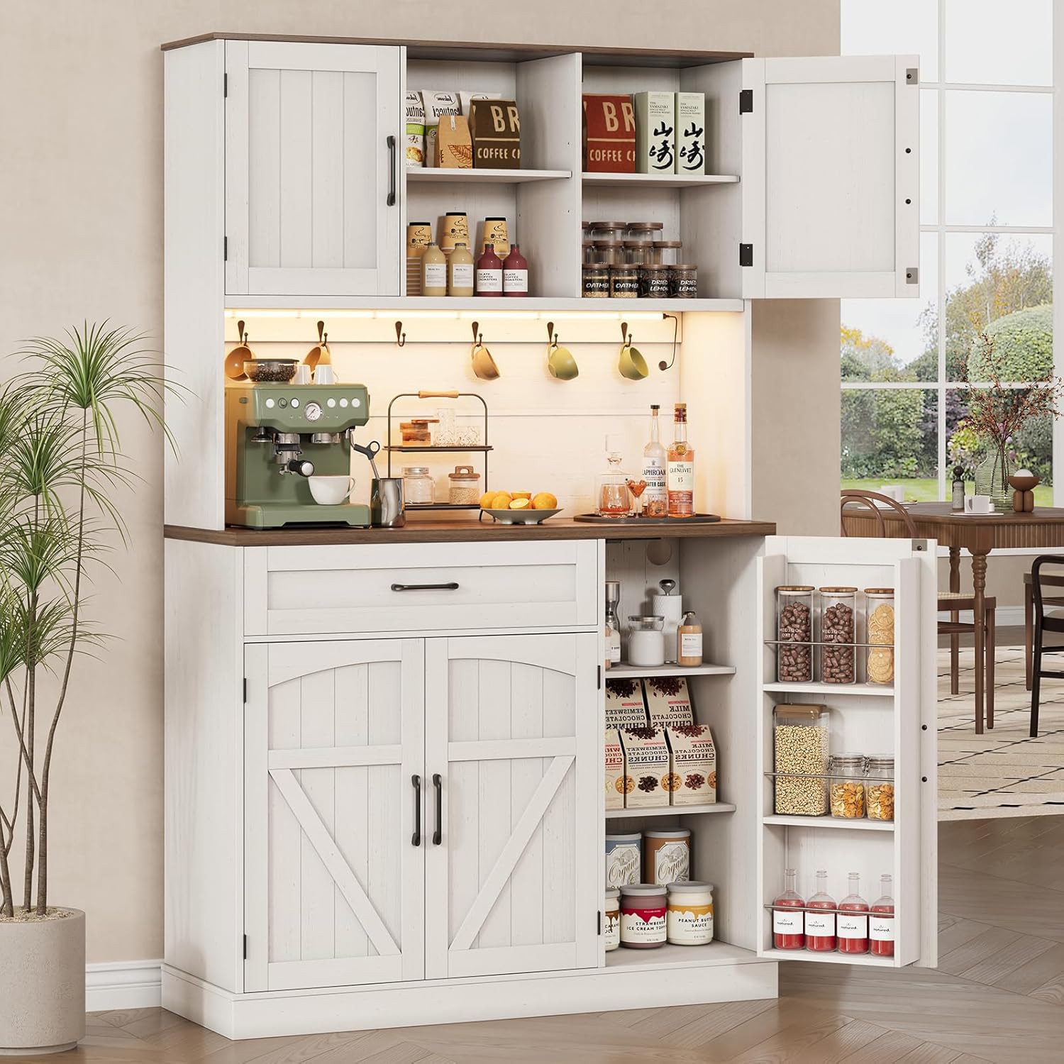 Tall Pantry Cabinet with Charging Station, Kitchen Pantry Storage Cabinet with LED Light & Microwave Stand, Kitchen Hutch with Storage Drawer & Door Shelf for Living Room, Off White+Walnut